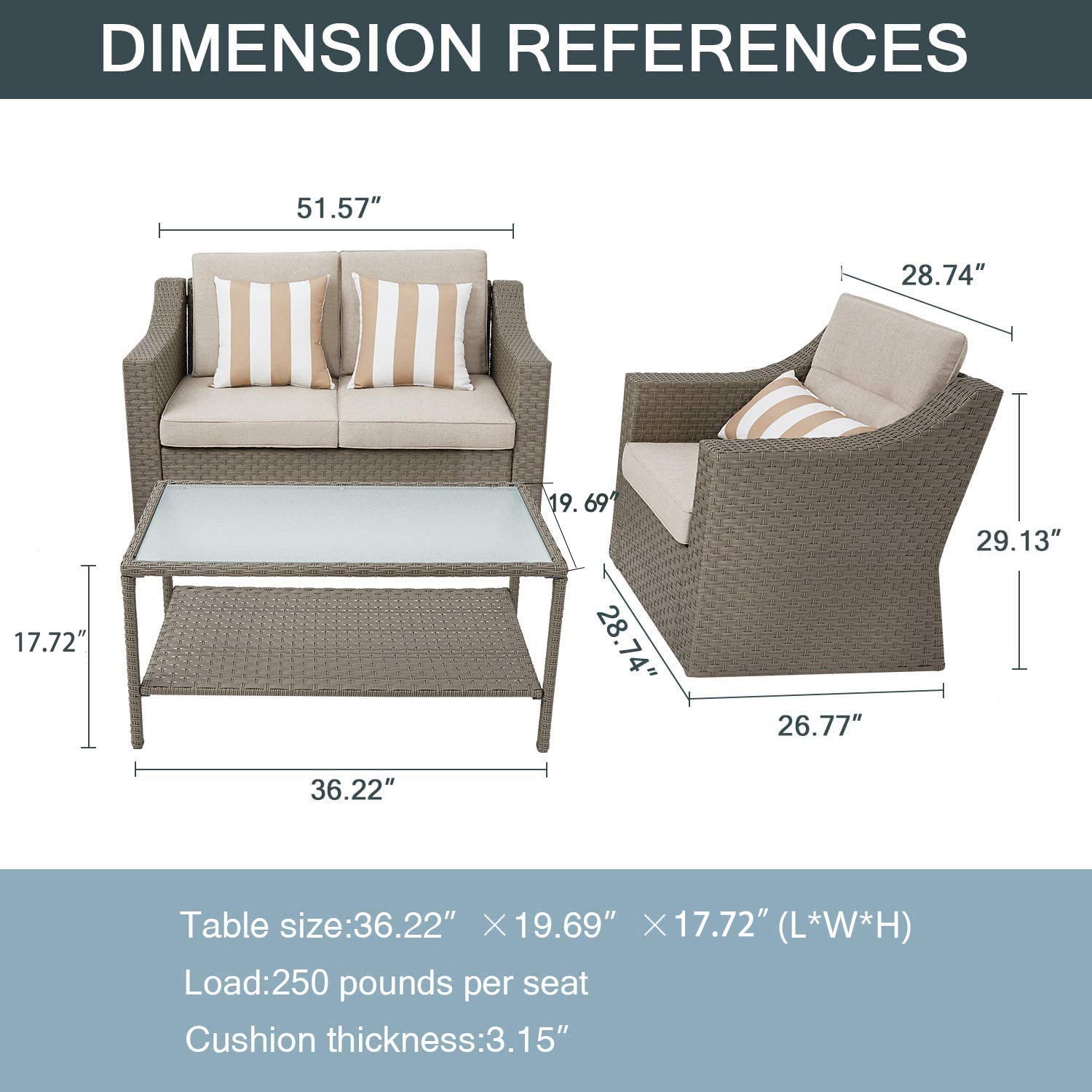 SOLAURA 4-Piece Outdoor Patio Furniture Set - All-Weather Wicker Sectional Sofa with Tempered Glass Coffee Table, Gray - Perfect for Backyard, Garden & Poolside Relaxation