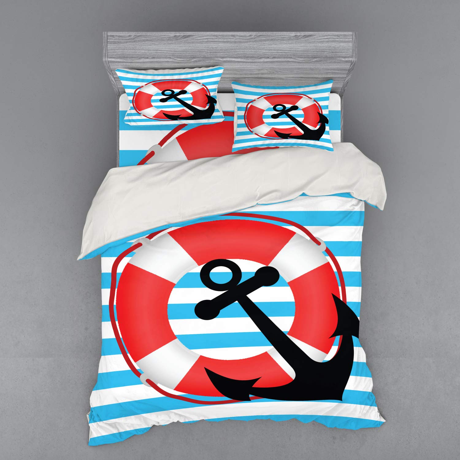 Ambesonne Anchor Duvet Cover Set - 4 Piece Queen Size Bedding with Shams & Fitted Sheet - Nautical Blue Striped Design with Life Preserver & Anchor Motif - Sky Blue, Red & Black - Perfect for Coastal Themed Bedrooms & Guest Rooms
