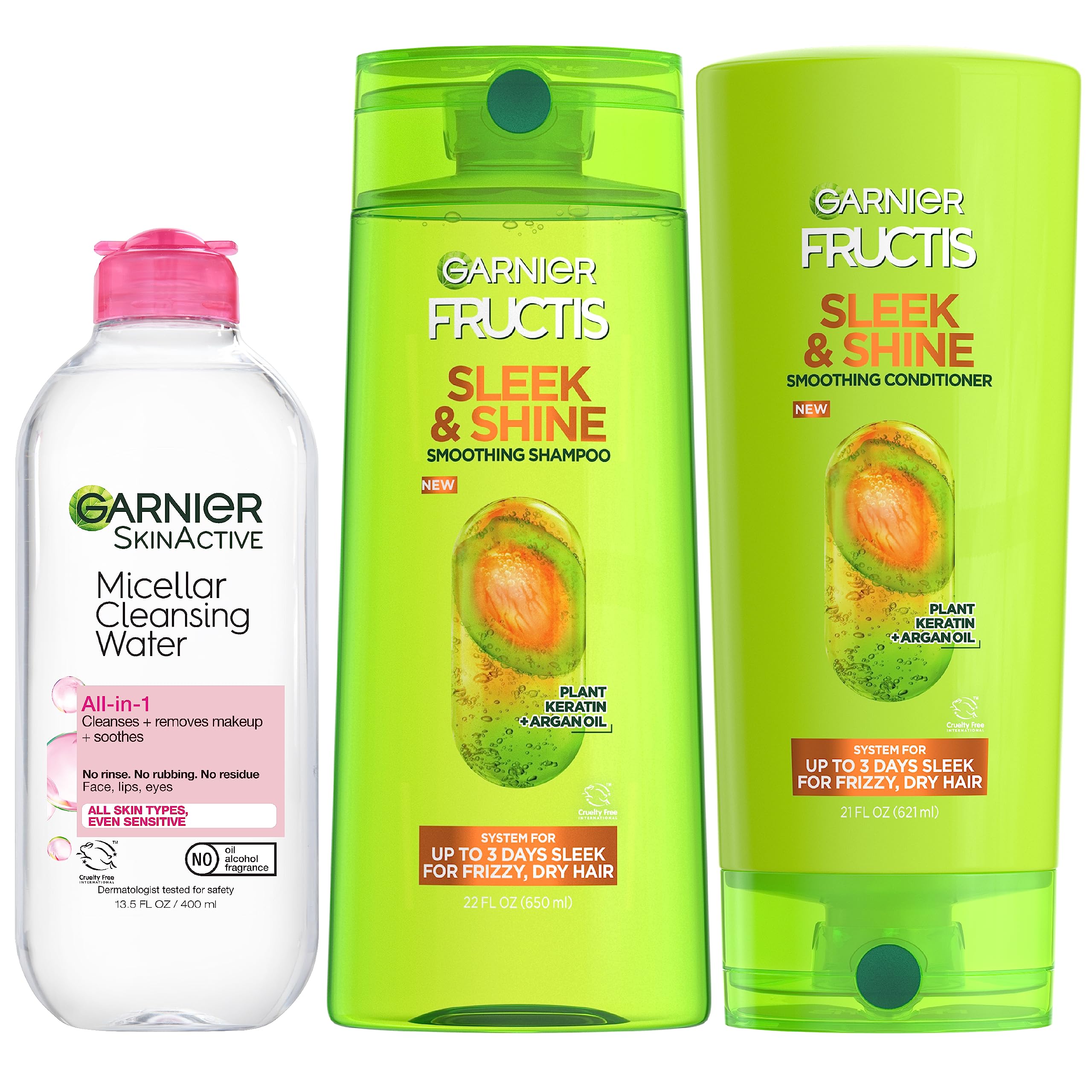 Garnier Back to School Hair Care Bundle - Micellar Cleansing Water (400mL) + Fructis Sleek & Shine Shampoo (22oz) & Conditioner (21oz) - 3-Piece Kit for Smooth, Shiny Hair - Perfect for Daily Hair Wash Routine & School Essentials (Packaging May Vary)