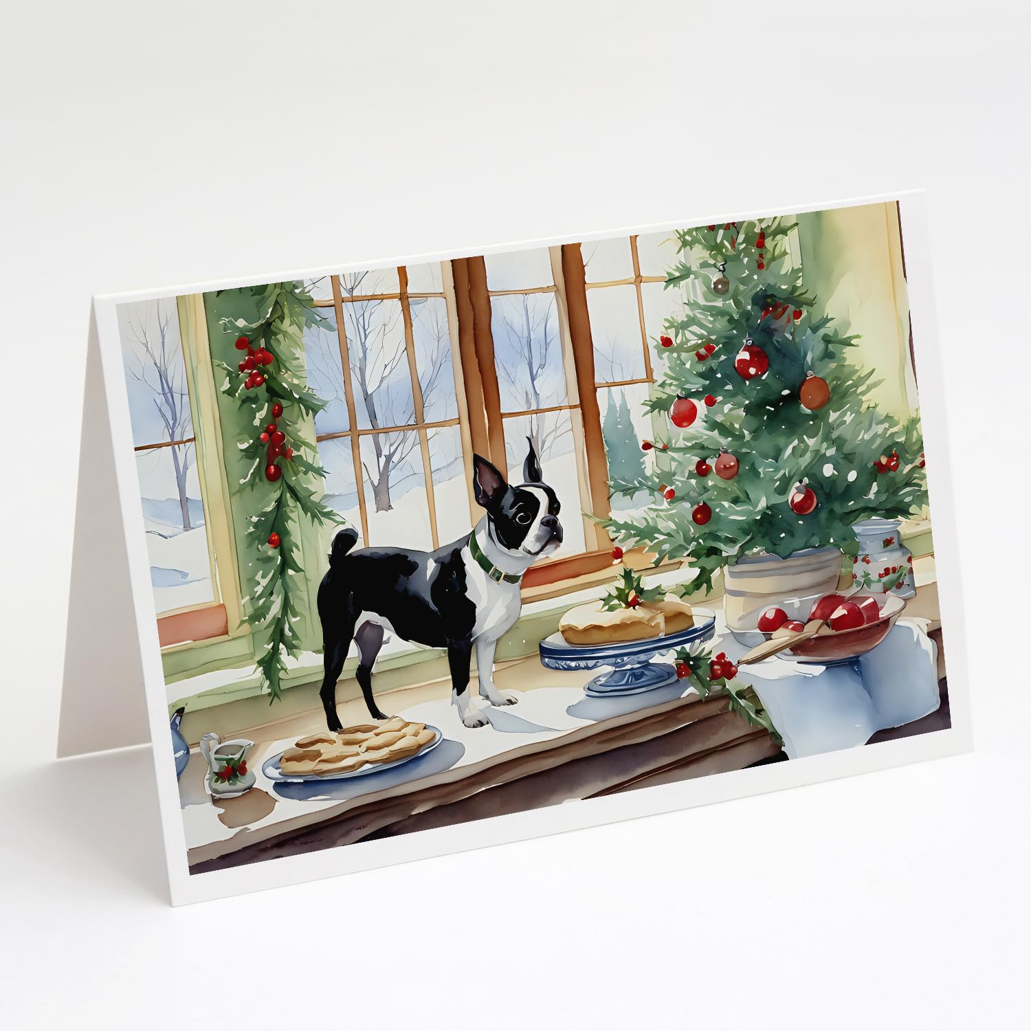 Boston Terrier Christmas Cookies Greeting Cards - Pack of 8 Blank A7 Note Cards (5x7 Inches) with Envelopes - Whimsical Holiday Stationery for Pet Lovers, Christmas Gifts & Festive Correspondence
