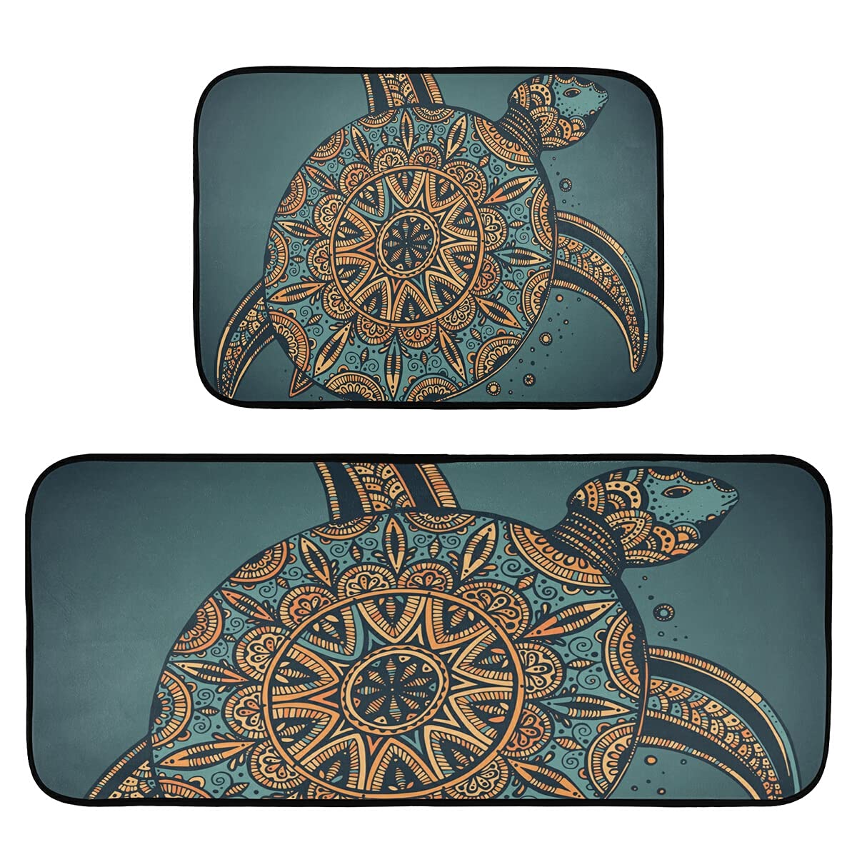 Non-Slip Washable 2-Piece Doodle Turtle Oriental Kitchen Rugs Set - Anti-Skid Floor Mats for Kitchen, Living Room, Dining Area - Perfect Home Decor for Asian-Themed Spaces