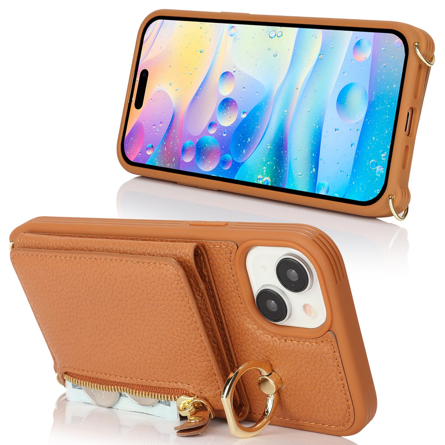 Premium PU Leather iPhone 15 Plus Case with Card Holder & Crossbody Strap - Wallet Phone Case with Zipper Pocket & Stand Ring (Brown) | Perfect for Women's Everyday Use, Travel & Hands-Free Convenience