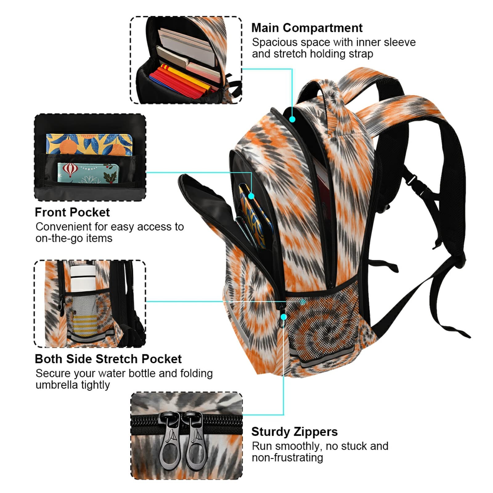 Dussdil Orange Black Tie Dye Backpack - 16 Inch Laptop Bag for Men & Women, Casual Daypack with Double Zipper, Adjustable Shoulder Straps - Perfect for Travel, School, Work & Sports