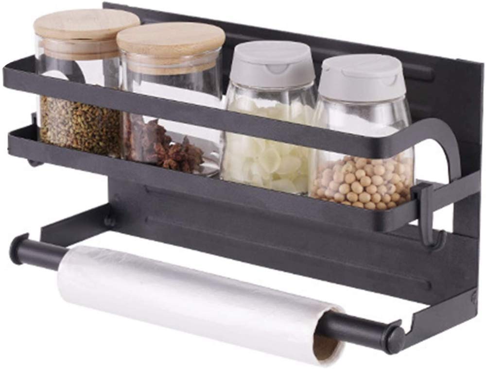2-Tier Magnetic Fridge Organizer with Spice Rack, Paper Towel Holder & 2 Extra Hooks - Space-Saving Refrigerator Shelf for Kitchen, Pantry & Small Apartment Organization