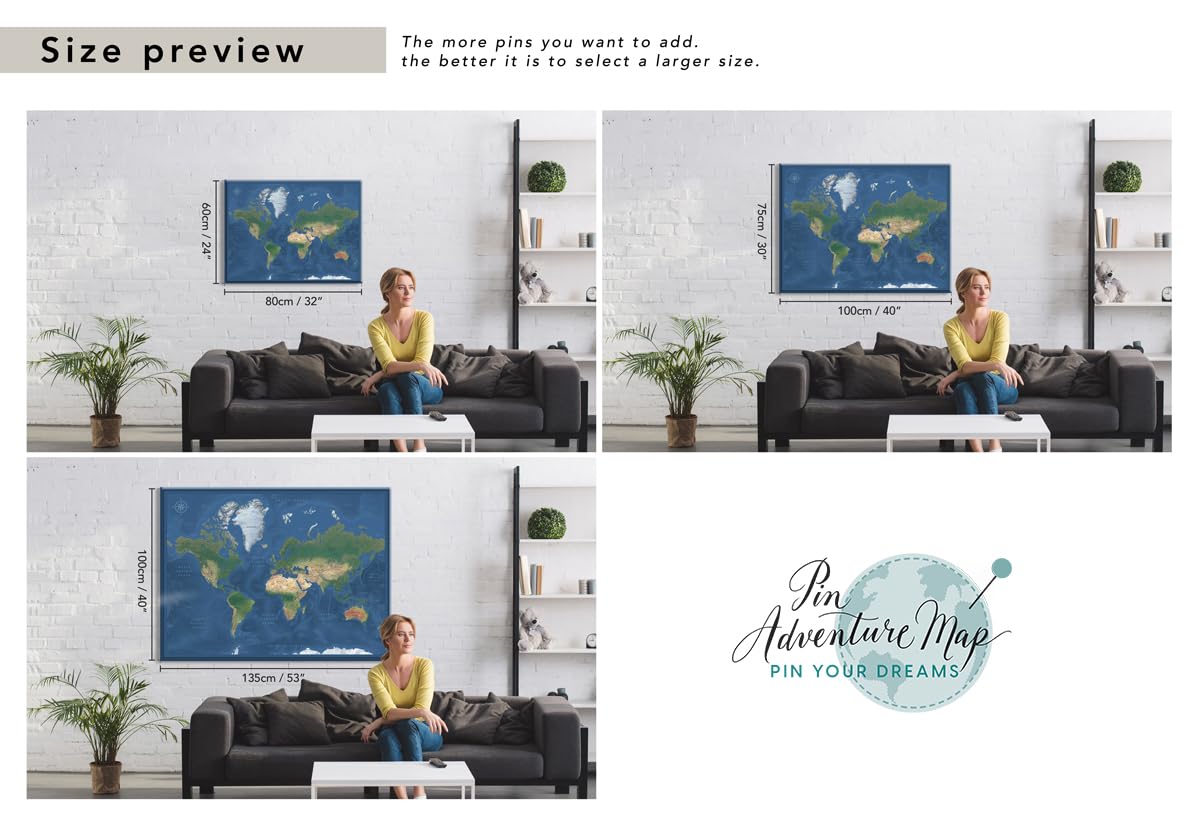 Modern Satellite World Wall Map with Push Pins - Customizable Travel Map on Premium Canvas - Personalized Push Pin World Map (24x32 to 40x53 inches) - Perfect for Home Office Decor & Travel Tracking