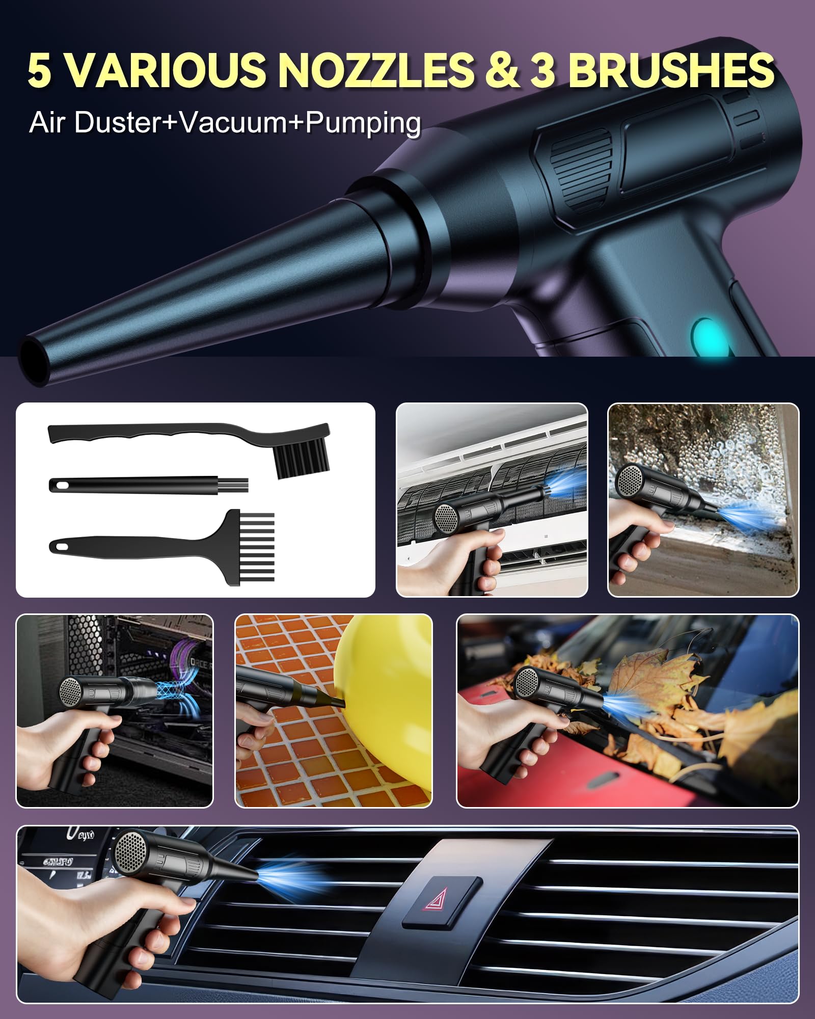 150,000 RPM Electric Air Duster - Powerful 2-in-1 Rechargeable Air Blower for PC Keyboard Cleaning, Car Detailing & Home Dusting | Replaces Canned Air | Perfect for Electronics, Automotive & Household Cleaning