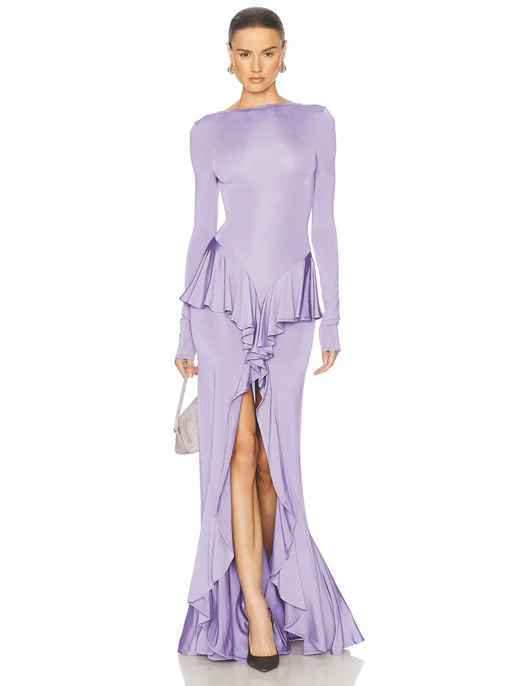 Sexy Backless Ruffled Maxi Dress for Women - Elegant O-Neck Long Sleeve Evening Gown with Thigh High Split | Perfect for Parties, Weddings & Date Nights
