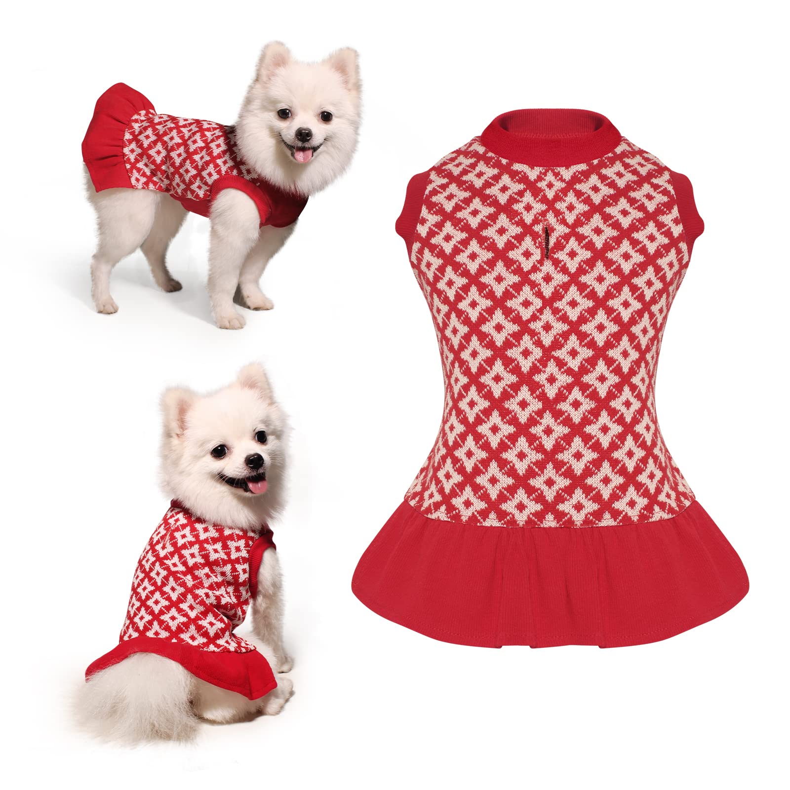 Dog Red Sweater Dress with Leash Hole - Soft Warm Plaid Pet Clothes Outfit for Small & Medium Dogs | Perfect for Winter Walks, Holiday Photos & Indoor Cozy Wear (Red, Medium)