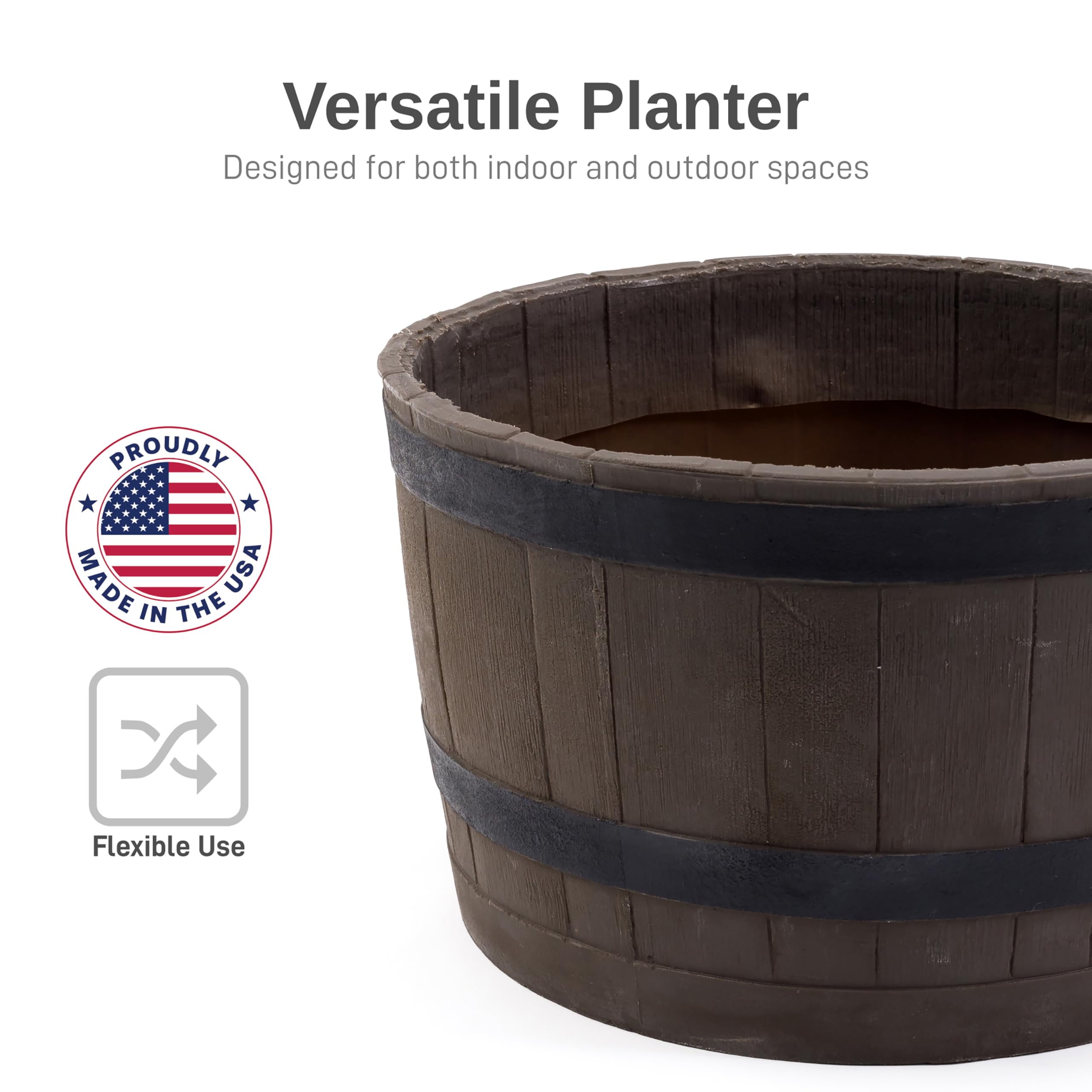 Premium Polyethylene Whiskey Barrel Planters for Indoor/Outdoor Decor - Wood Grain Finish with Black Stripes (Set of 2) - Perfect for Patio, Garden, Balcony & Home Décor
