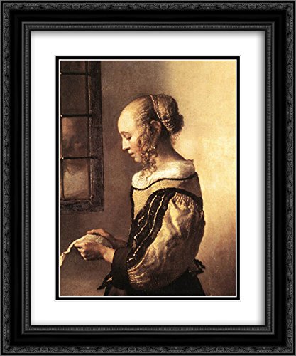 Girl Reading a Letter at an Open Window by Johannes Vermeer - 20x24 Inch Black Ornate Framed Art Print with Double Matting | Classic Dutch Painting for Living Room, Bedroom, or Office Decor