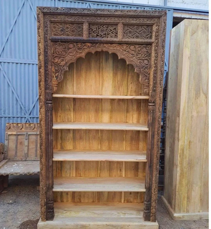 Hand Carved Antique Indian Design Wooden Bookshelf - Vintage Home Decor for Living Room, Office & Library | Unique Wood Bookcase for Books & Display