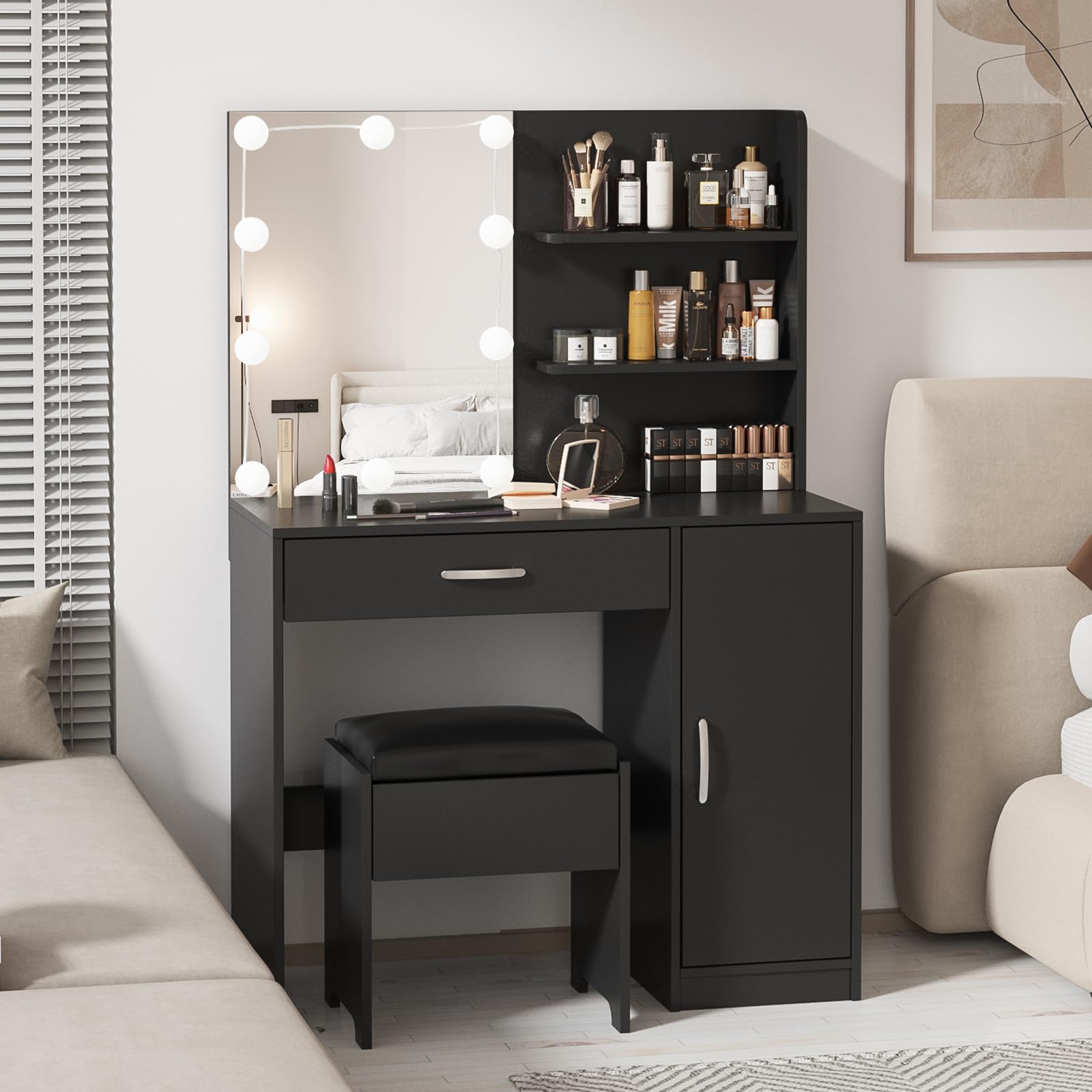Lighted Makeup Vanity Desk with Mirror, Storage Drawers & Cabinet - Dressing Table for Bedroom & Bathroom (Black) | Perfect for Beauty Routine, Makeup Organization & Small Space Decor