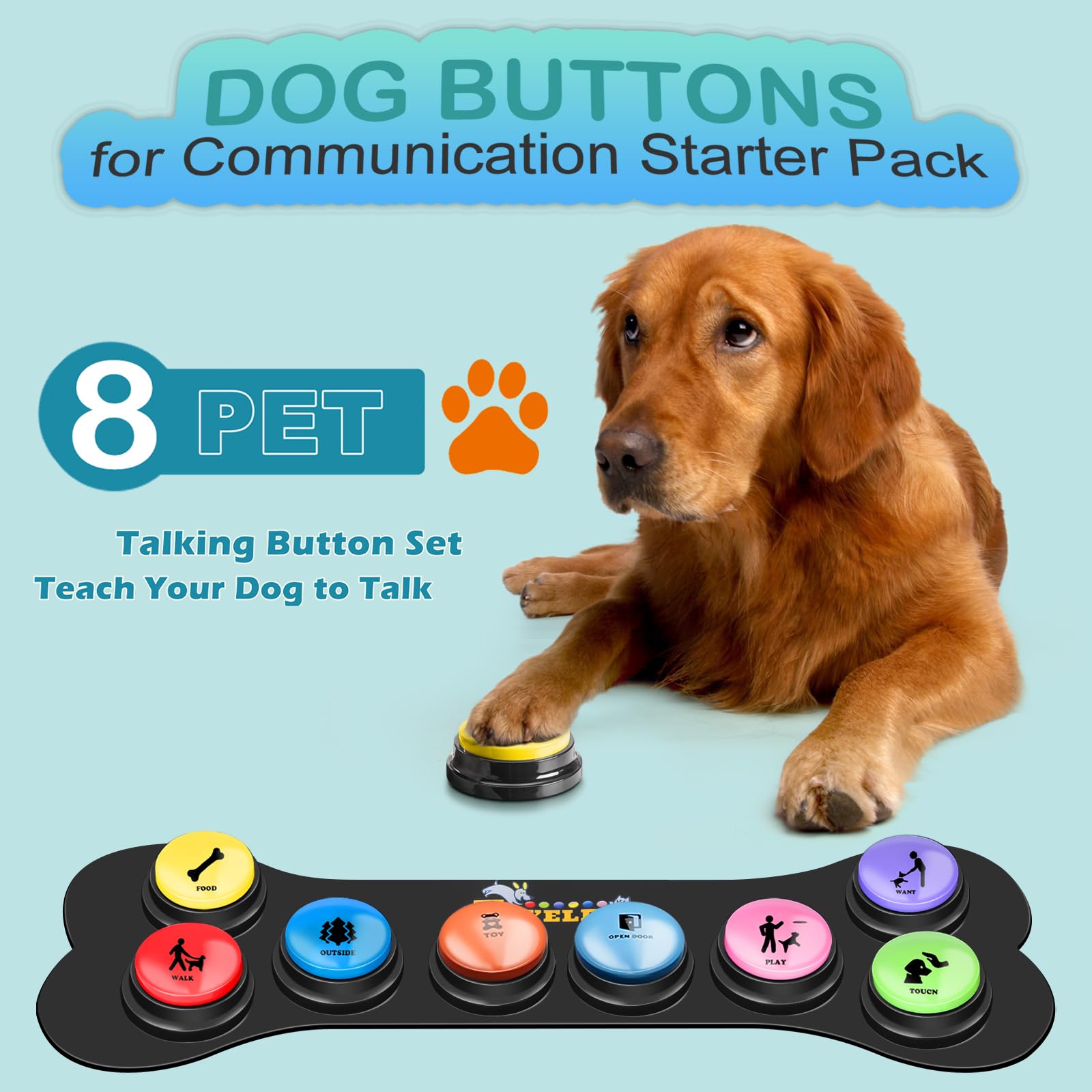 8-Piece Dog Talking Buttons for Communication - Voice Recording Pet Training Buzzers with 30 Scene Stickers & Mat | Teach Your Dog to Speak | Perfect for Home Training, Puppy Learning & Animal Behavior Therapy