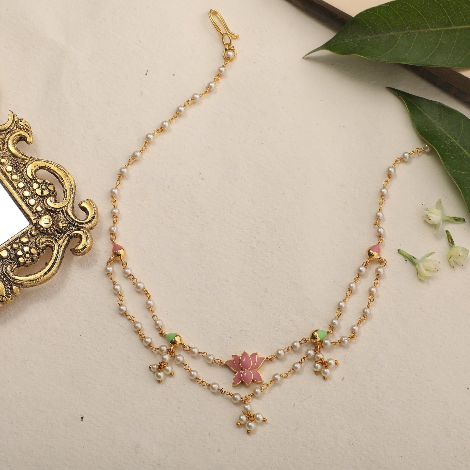 Jalaja Lotus Motifs Layered Pearl Necklace - Elegant Boho Jewelry for Women, Perfect for Weddings, Parties & Special Occasions