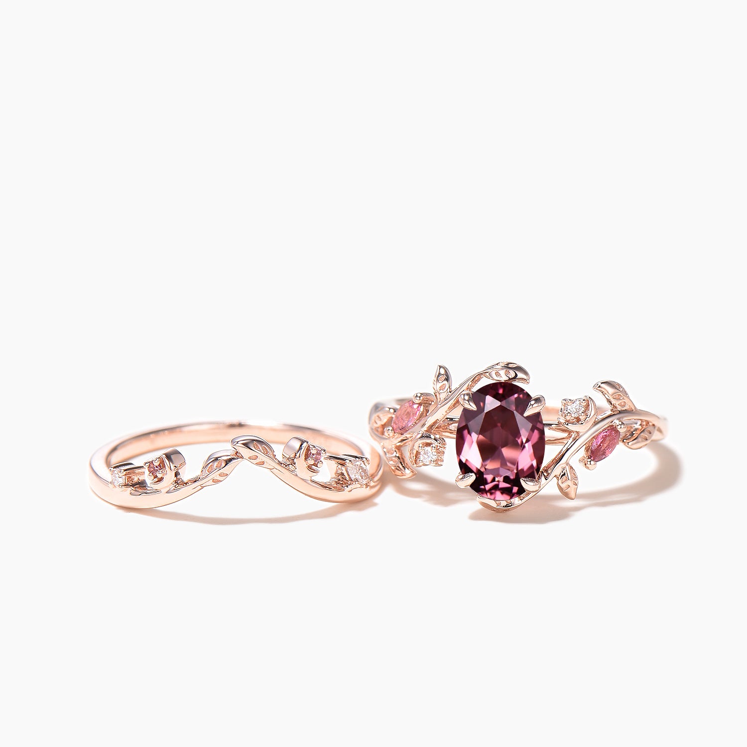 Natural Pink Tourmaline & Diamond Wedding Ring Set - Oval Cut Nature Inspired Leaf Moon Bridal Jewelry for Engagement, Anniversary & Special Occasions