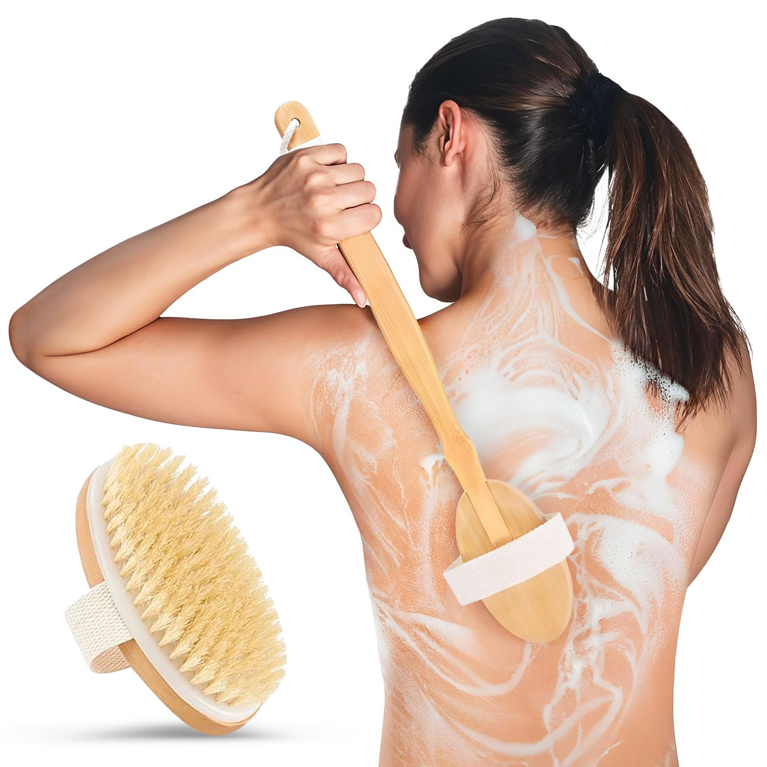 Long Handle Bath Brush for Shower - 20 Inch Back Scrubber with Detachable Head & Natural Stiff Bristles - Exfoliating Body Brush for Men, Women & Elderly - Perfect for Deep Cleaning, Exfoliation & Hard-to-Reach Areas in Bath or Shower
