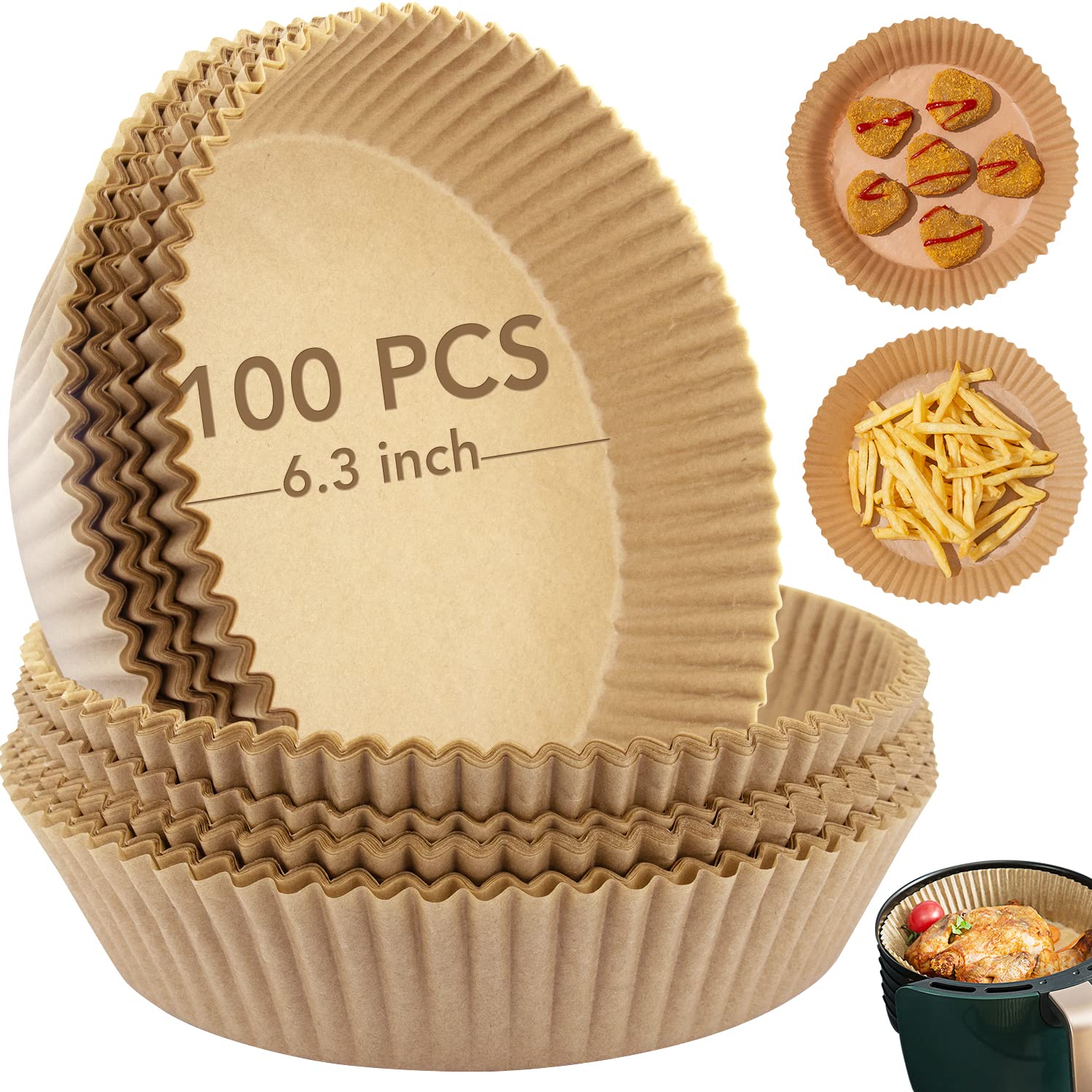 100 Pcs Round Air Fryer Liners - Non-Stick, Oil-Proof Parchment Paper for 5-8QT Air Fryers, Frying Pans & Microwave Ovens (7.9 Inch) - Perfect for Healthy Cooking, Baking & Reheating