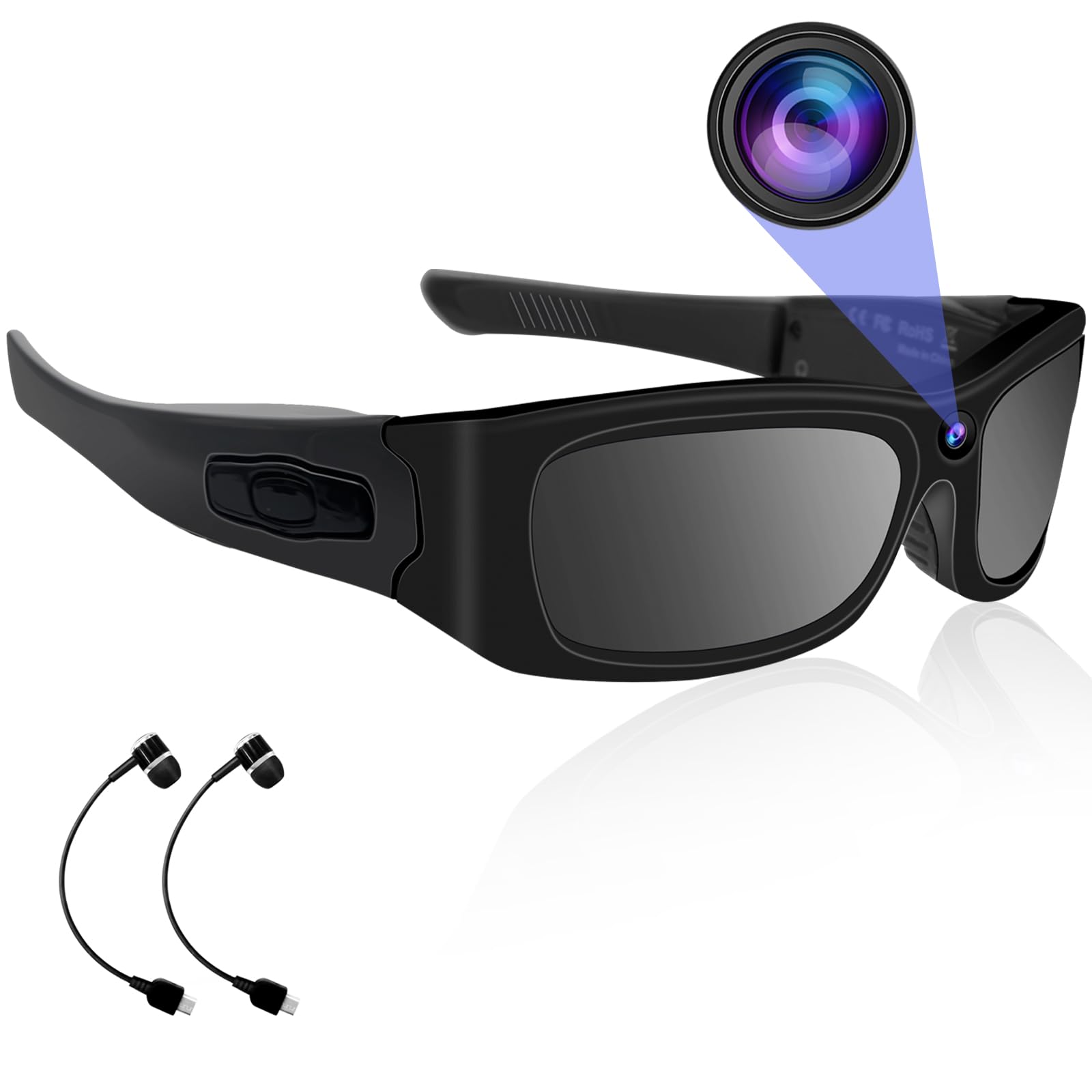 HD 1080P Bluetooth Sunglasses Camera with Loop Recording - Sports Video Camera Glasses with Built-in Earphones for Cycling, Running & Outdoor Activities | Perfect for Adventure Vlogging and Hands-Free Recording