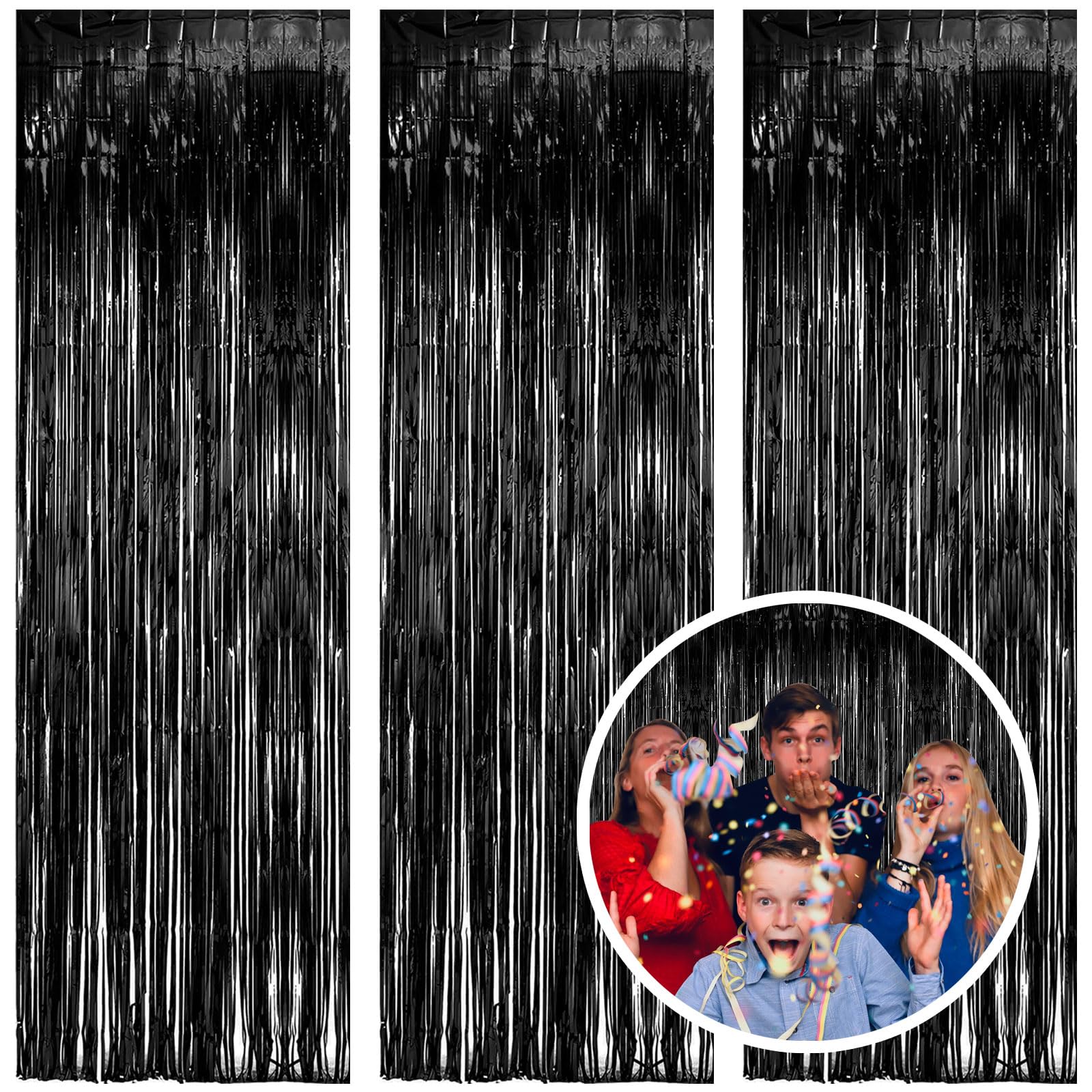 3 Pack Black Fringe Backdrop Streamers - Halloween Party Decorations, Black Tinsel Foil Curtains for Photo Booth, Birthday, Graduation, Wizard Party Supplies | Perfect for Weddings, Baby Showers & TikTok Backgrounds