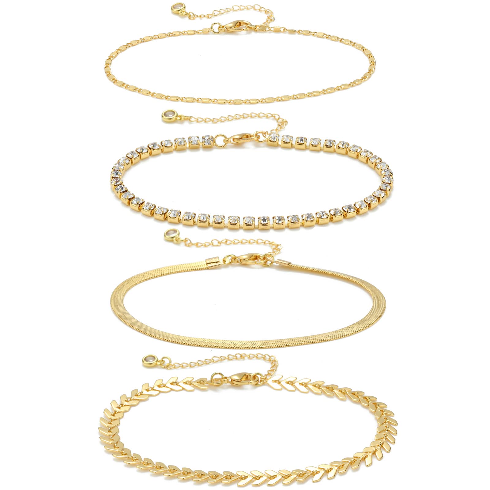 4 Pcs 18K Gold Plated Women's Anklet Bracelet Set with Cubic Zirconia - Elegant Layered Foot Jewelry for Beach, Vacation & Summer Outfits