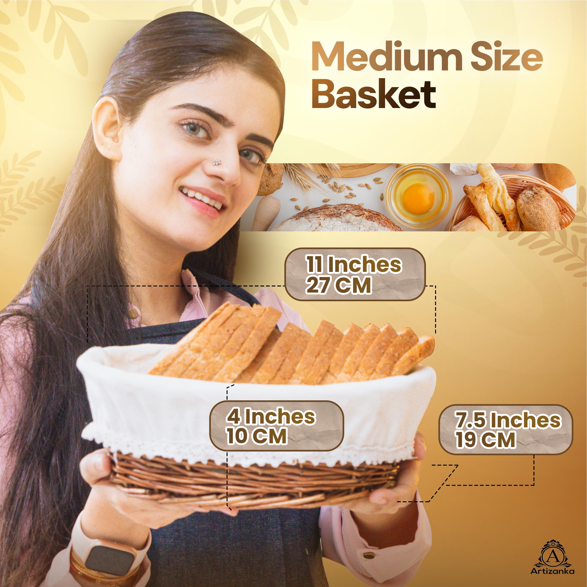 Handmade Wicker Bread Basket with Removable Liner & Cover - 11 Inch Medium Bread Storage Container for Sourdough, Pastries & Fruits | Perfect for Kitchen Counter, Dining Table & Picnic Serving