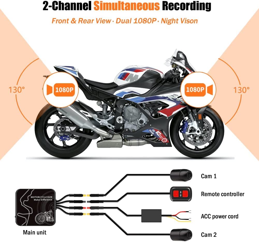 VSYSTO Motorcycle Dash Camera - 1080P HD Front and Rear Camera with WiFi, Waterproof, 130° Wide Angle, Starlight Night Vision, G-Sensor, Loop Recording (Supports 256GB) - Perfect for Adventure Riding, Commuting, and Road Safety Monitoring