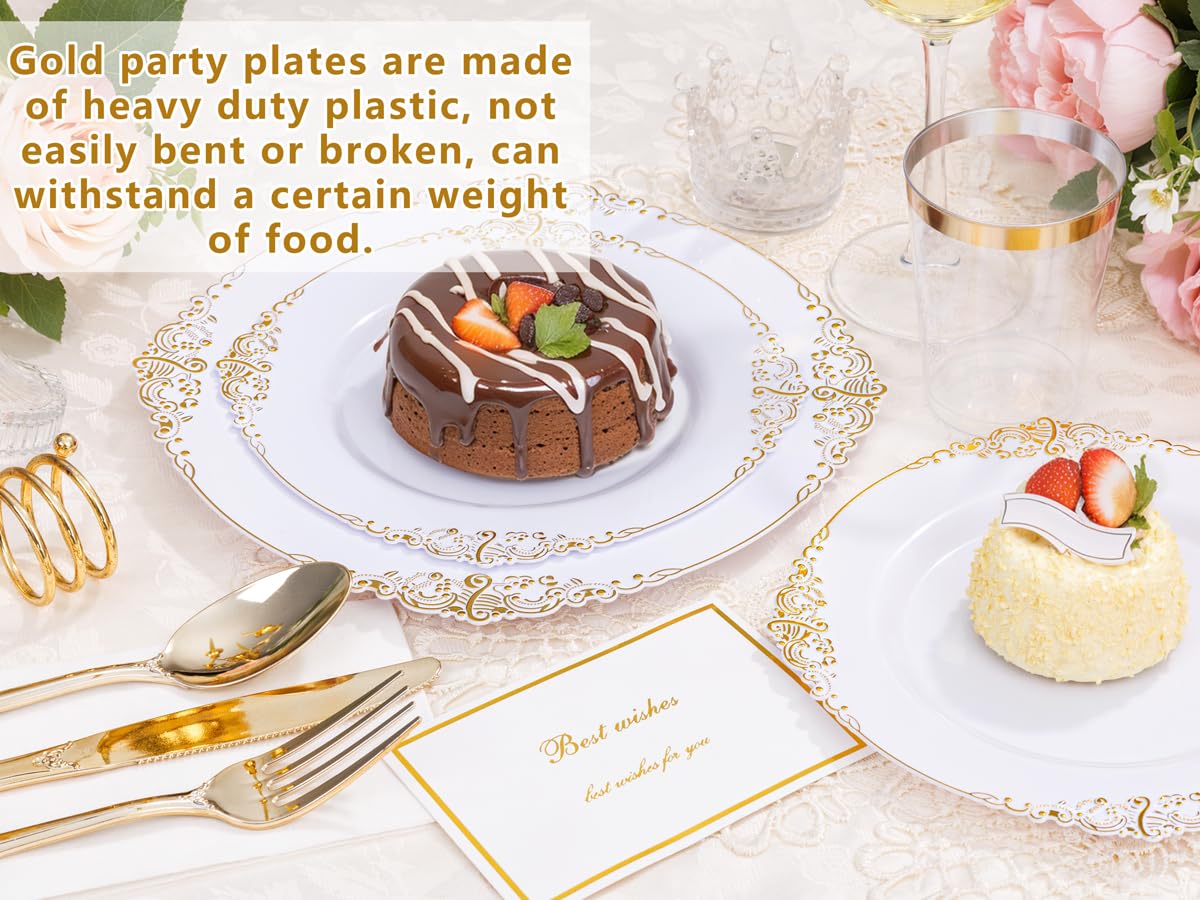 YOUBET 700-Piece Gold Plastic Dinnerware Set - Elegant White & Gold Disposable Plates (200 Plates, 300 Heavy Duty Forks/Spoons/Knives, 100 Cups & 100 Napkins) - Perfect for Weddings, Parties, Bridal Showers & Large Gatherings of 100+ Guests