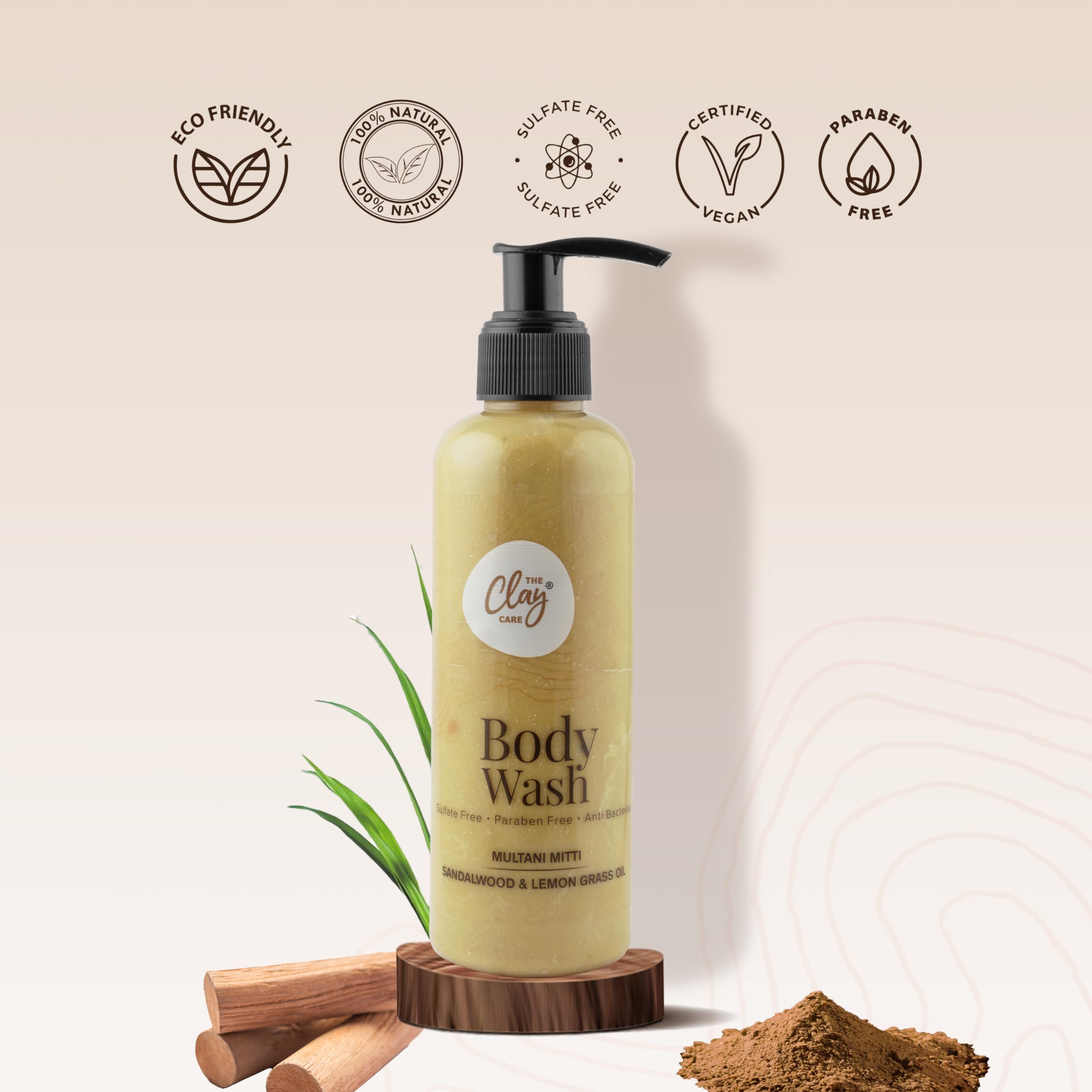**Clay Care - Antibacterial Body Wash with Multani Mitti (Fuller Earth), Sandalwood & Lemongrass Oil | Natural, Sulfate-Free, Vegan, Paraben-Free, Cruelty-Free | For All Skin Types - Men & Women | 200 ml | Deep Cleansing for Acne-Prone & Oily Skin**