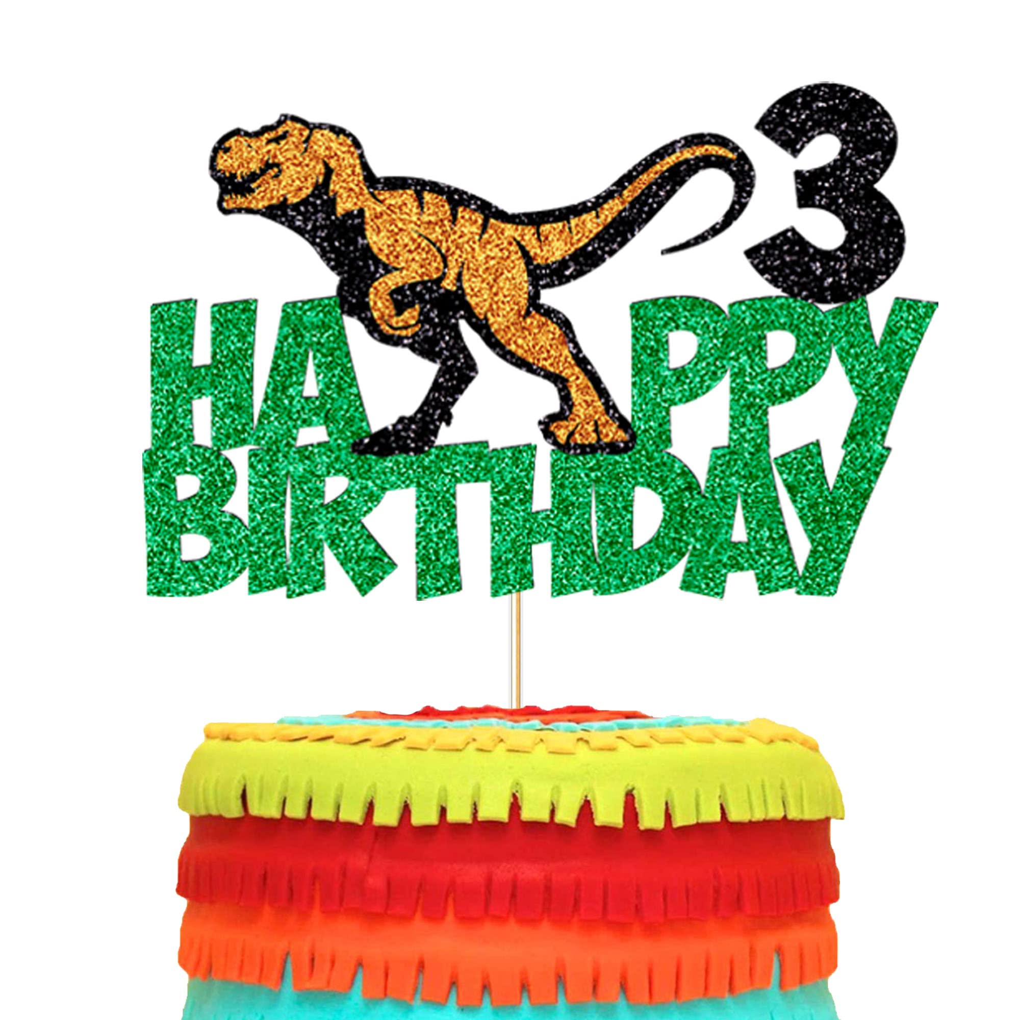 3D Dinosaur Cake Topper for Kids Birthday Party - T-Rex Themed Cake Decorations with Happy Birthday Sign - Perfect for 3rd Birthday, Dinosaur Theme Parties & Cake Decorating Supplies