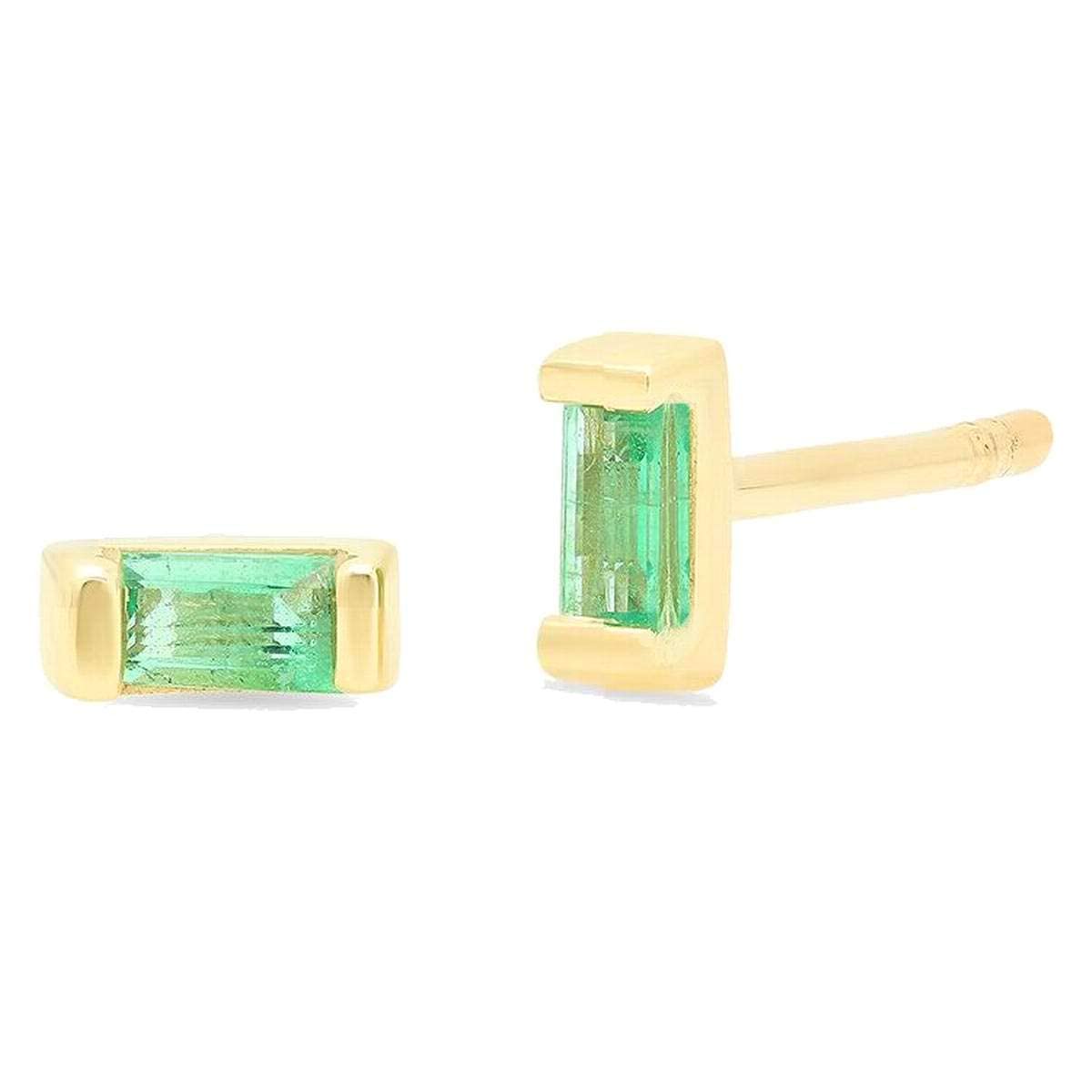 14K Gold Emerald Baguette Solitaire Stud Earrings - Elegant Baguette Cut Emerald & Diamond Earrings for Women - Perfect for Weddings, Parties & Special Occasions