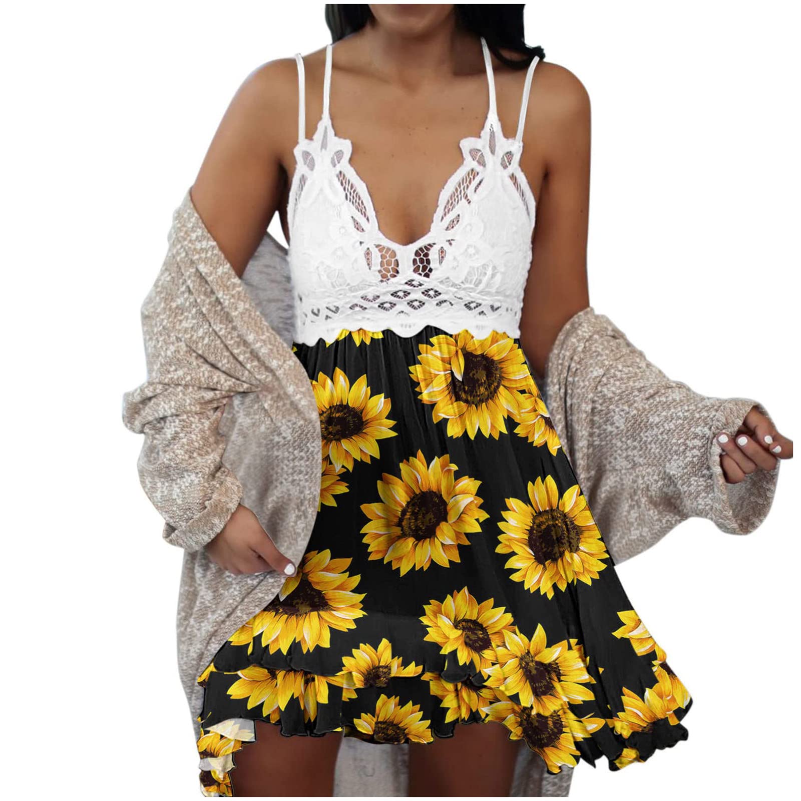 Women's Summer Dress - V Neck Adjustable Spaghetti Strap Lace Mini Skater Dress | Sleeveless Flowy Swing Short Dress for Beach, Party & Casual Wear