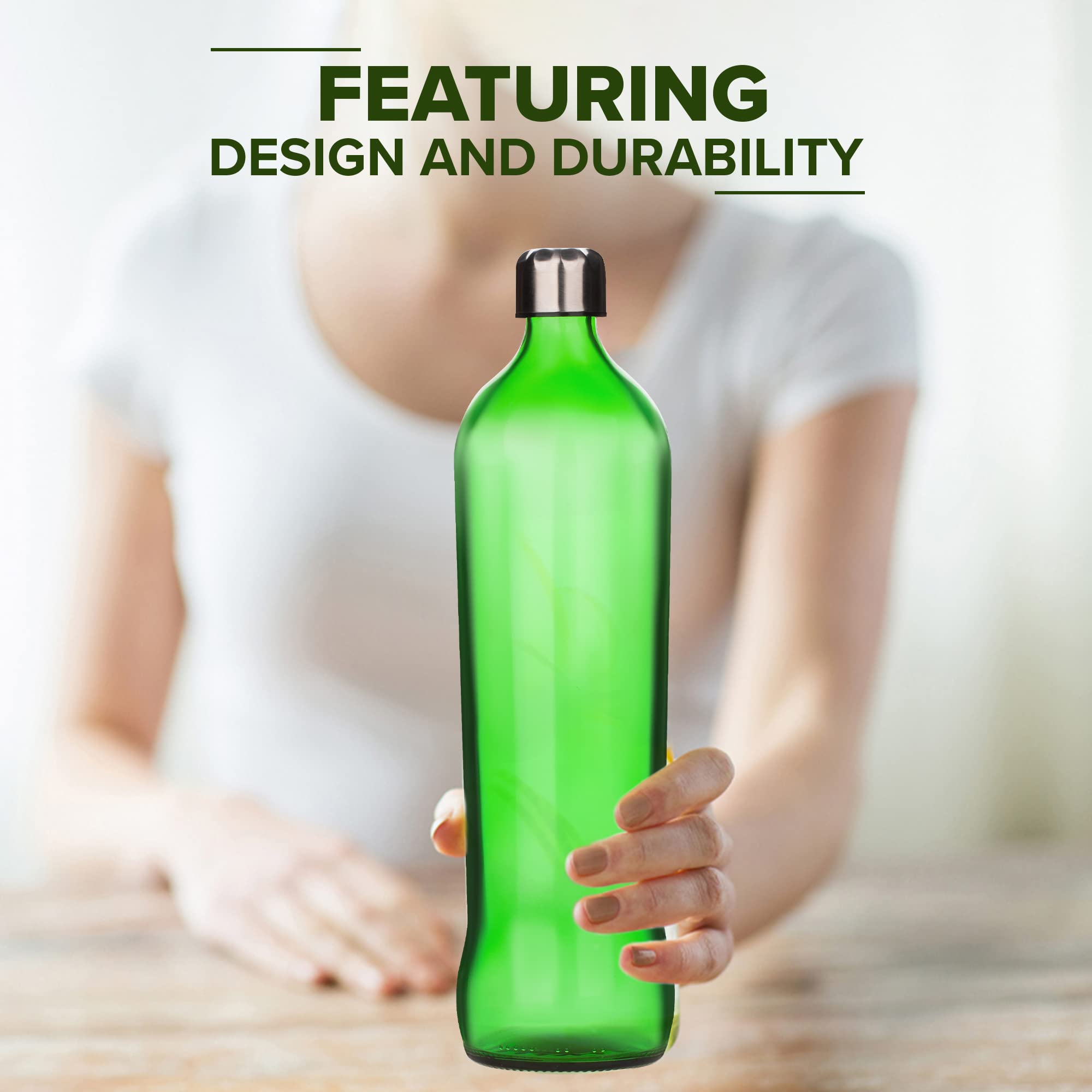 750ml Green Glass Water Bottle with Leak-Proof Stainless Steel Lid - Reusable Travel Drink Bottle for Water, Smoothies, Juice | Eco-Friendly, BPA-Free | Perfect for Gym, Hiking, Office & Daily Hydration