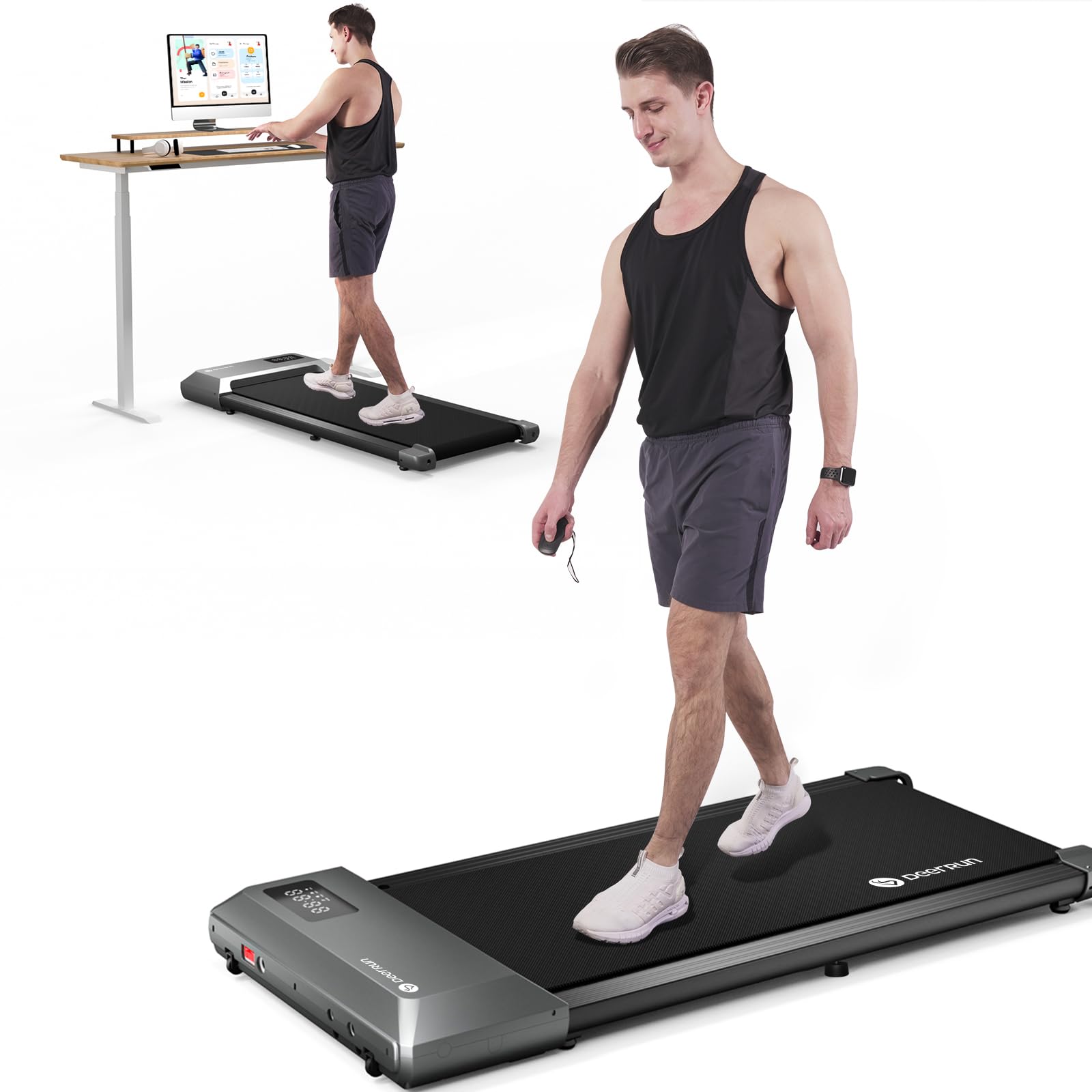 DeerRun 2-in-1 Under Desk Walking Pad Treadmill - 300 lb Capacity, Remote Control, Quiet Mini Treadmill for Home & Office - Perfect for Workouts While Working, Watching TV or Small Space Fitness