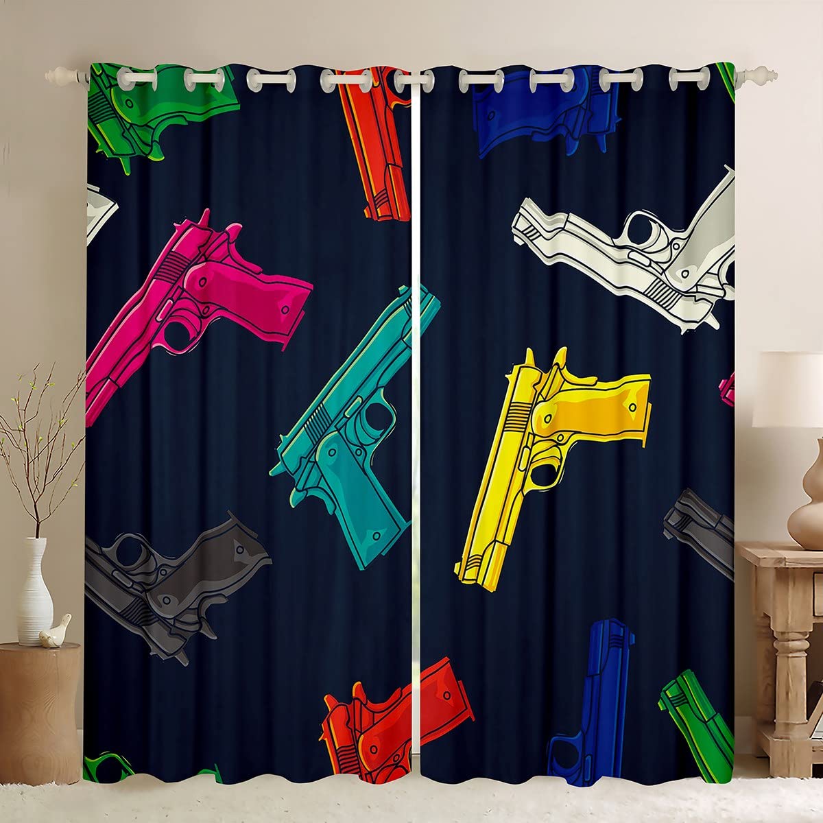 Feelyou Cartoon Pistol Blackout Curtains 104x96 Inch - Cool Mechanical Gun Printed Window Drapes for Bedroom & Living Room | Peacemaker Design Window Treatments for Home Theater & Gaming Room Decor