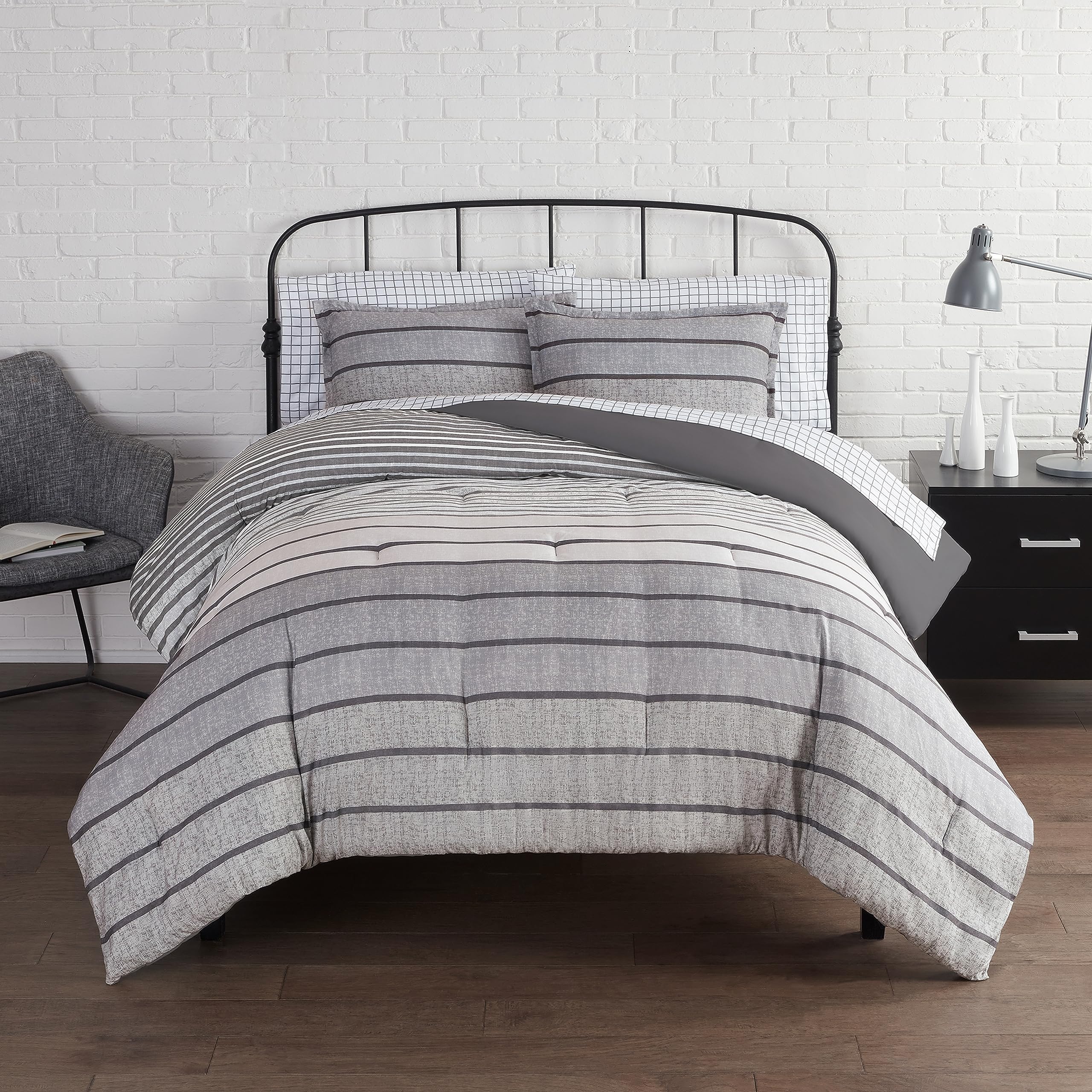 Serta Simply Clean Conrad Soft Modern 7-Piece Bed in a Bag Comforter Set with Sheets & Pillowcases | All-Season Queen Size Grey Stripe Bedding | Perfect for Guest Rooms, Dorms & Cozy Bedroom Upgrades