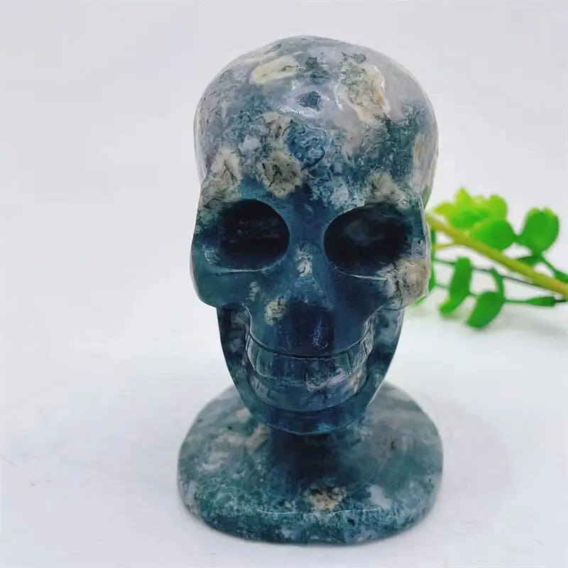 Natural Moss Agate Skull Carving - Handmade Gemstone Wizard Decor for Home, Office & Meditation | Healing Crystal Collection | Unique Spiritual Gift for Men & Women (1 Piece) | Perfect for Yoga Rooms, Altars & Gothic Decor