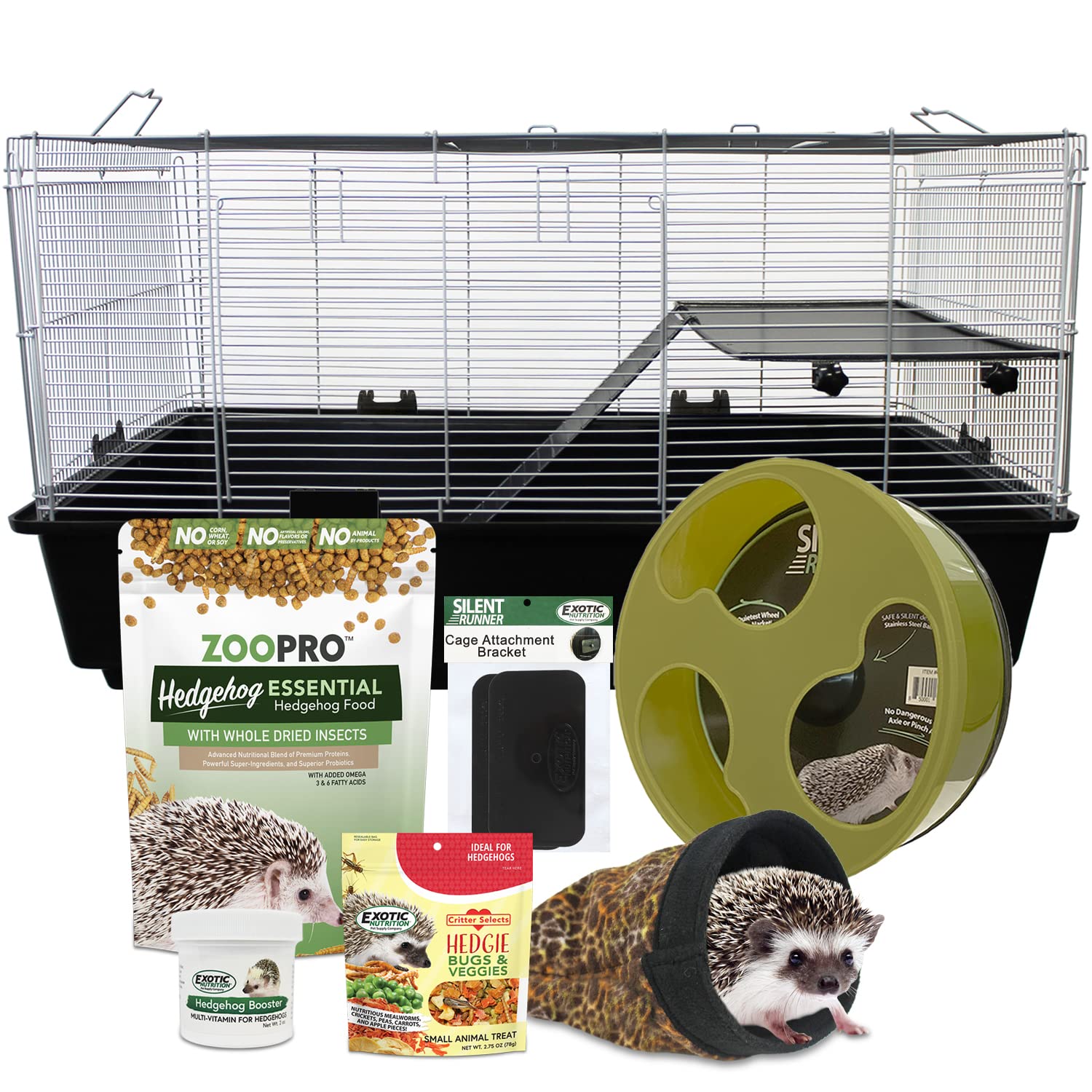Exotic Nutrition Hedgehog Home & Starter Kit - Durable Cage, Exercise Wheel, Healthy Hedgehog Food, Natural Treats, Multi-Vitamin & Hideout for Small Pets - Perfect for Hedgehog Habitat Setup & Daily Care