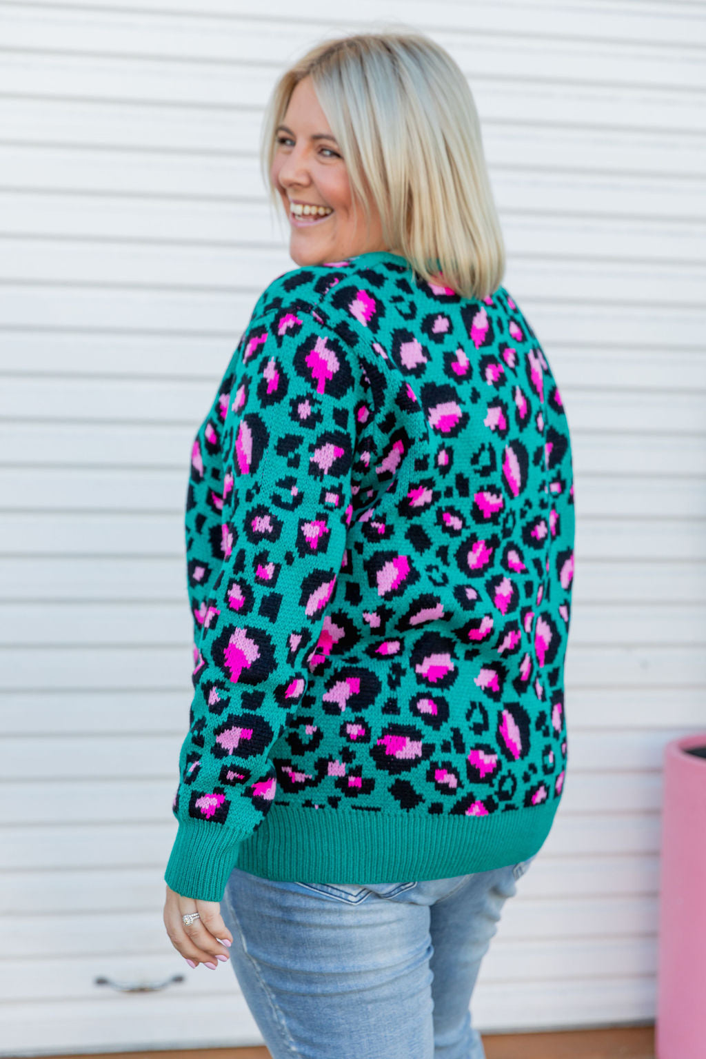 Kasey Rainbow Frankie Knit Sweater - Green Leopard Print Women's Pullover | Cozy Winter Fashion for Casual Outings & Holiday Gatherings