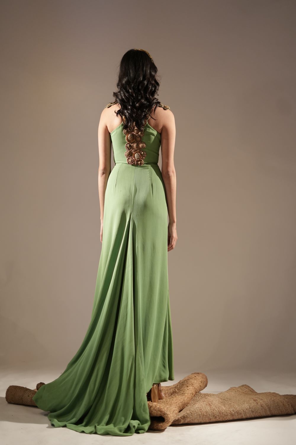 Elegant Jade Green Maxi Dress with Gold Embellishments - Perfect for Weddings, Parties & Special Occasions