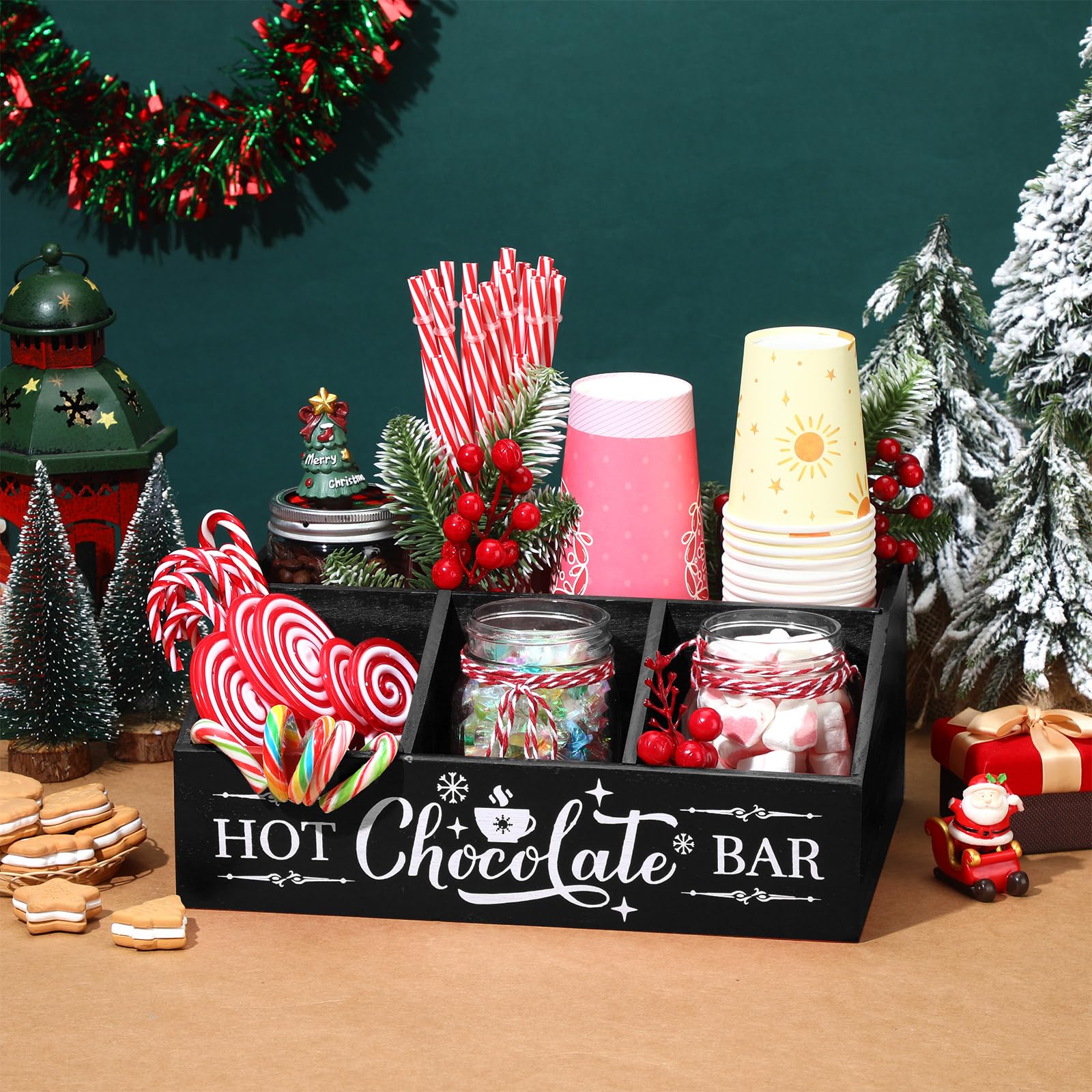 Barydat Christmas Hot Cocoa Bar Organizer - 4 Compartment Wooden Coffee Station Countertop Holder for Kitchen, Holiday Party & Home Decor - Perfect for Xmas Gifts, Hot Chocolate Serving & Coffee Bar Organization (Black)