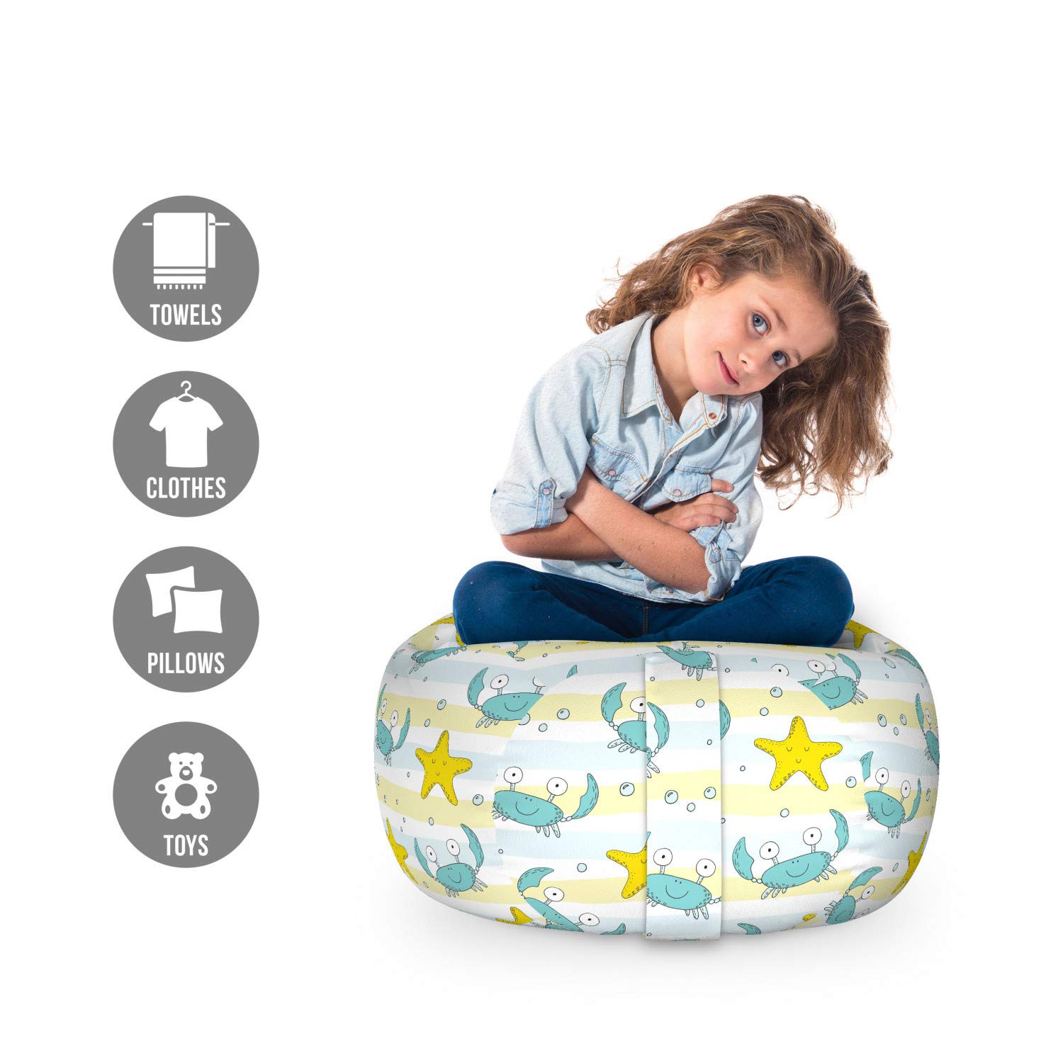 Ambesonne Marine Toy Storage Bag Chair - Ocean Theme with Crabs, Starfish, Bubbles & Lines - Washable Stuffed Animal Organizer for Kids - Small Size Yellow Seafoam - Perfect for Nursery, Playroom & Beach House Decor