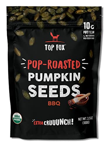 Organic Pop-Roasted Pumpkin Seeds by Top Fox Snacks - Healthy Protein Snack, Gluten Free, Keto & Vegan Friendly (BBQ Flavor, 3.5oz - 2 Pack) - Perfect for On-the-Go, Hiking & Office Snacking