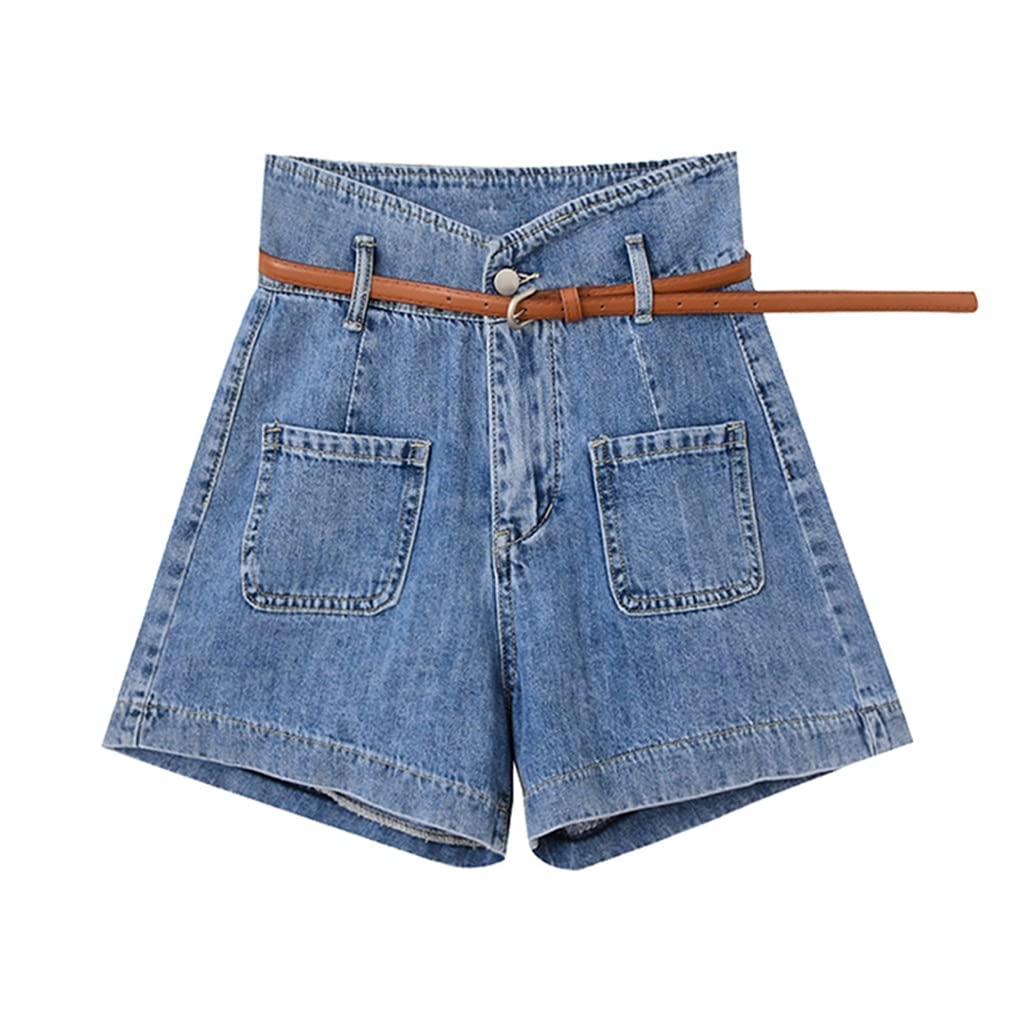 Vintage High Waist Denim Shorts for Women - Summer Casual Streetwear with Pockets & Belt | A-Line Baggy Jeans Shorts (Blue, Size S) | Perfect for Beach Outings, Music Festivals & Everyday Street Style