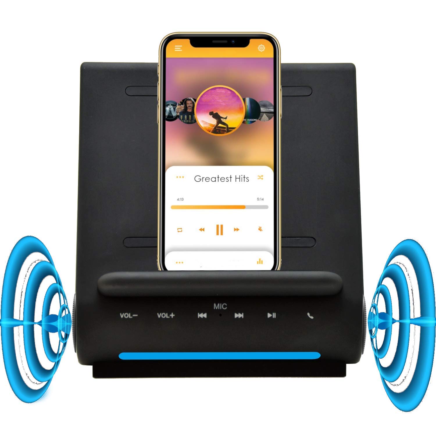 Fast Charging Wireless Charger & Bluetooth Speaker Combo - 4-in-1 Docking Station with Built-in Mic for Hands-Free Calls | Compatible with iPhone 16/15/14/13/12/11/X & Samsung Galaxy S24/S23/S22/S21/S20 | Perfect for Home Office, Nightstand & Car Use
