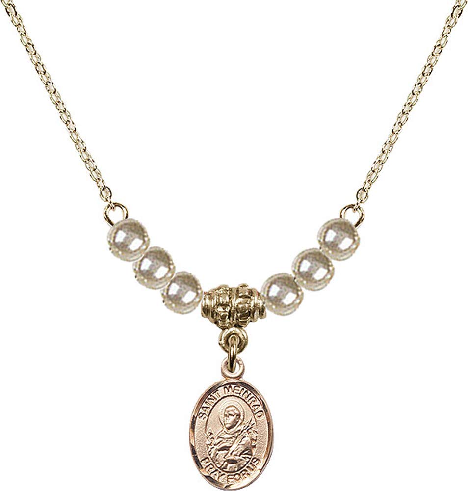 18K Gold Plated Hamilton Necklace with 4mm Faux Pearl Beads & St. Meinrad Charm - Patron Saint of Switzerland & Hospitality - Elegant Jewelry Gift for Women, Perfect for Weddings, Church Events & Special Occasions