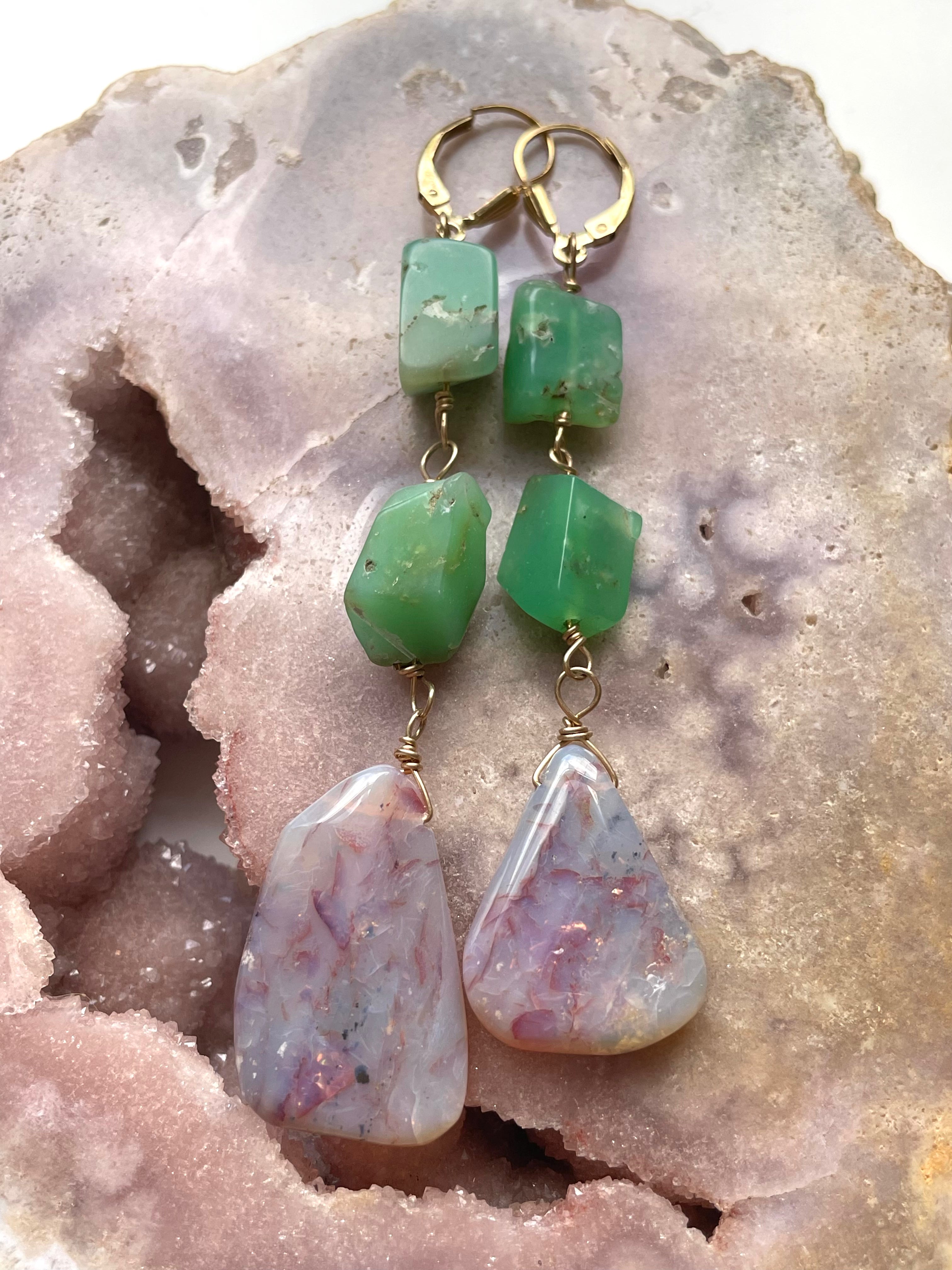 Large Opal Dangle Earrings with Chrysoprase - 14K Gold Filled Statement Jewelry for Women | Perfect for Weddings, Parties & Special Occasions