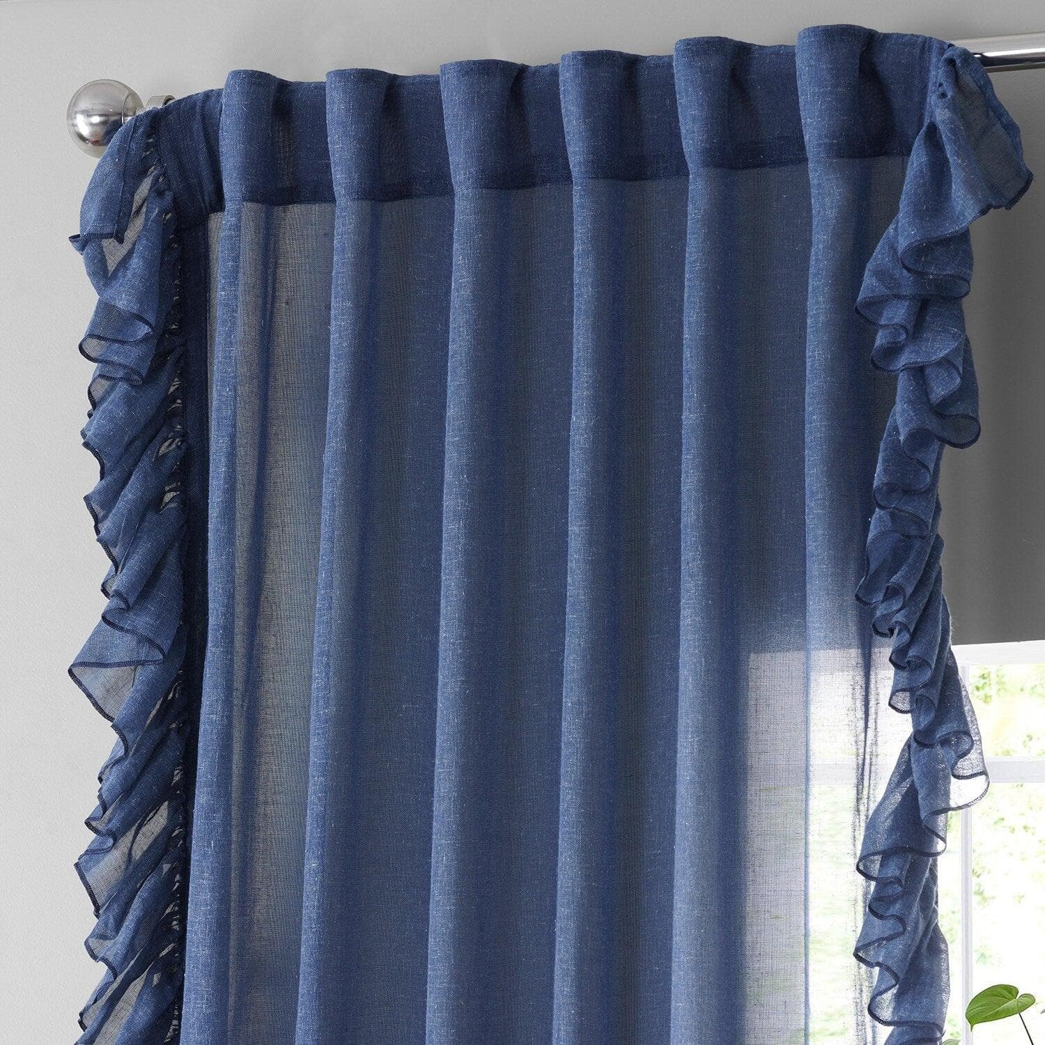 Blue Lapis Ruffled Faux Linen Sheer Curtains for Living Room & Bedroom - Light Filtering Window Drapes with Elegant Ruffle Design