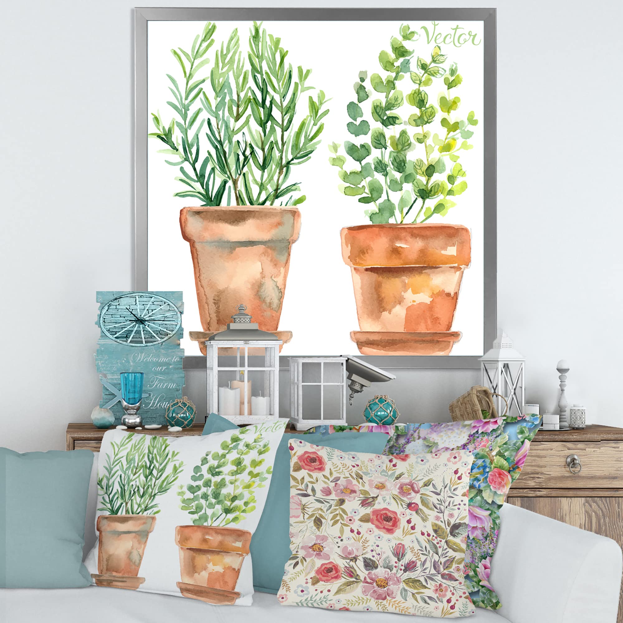 DesignQ Two Green House Plants in Orange Flower Pots - Traditional Framed Wall Art Decor for Living Room, Bedroom & Office