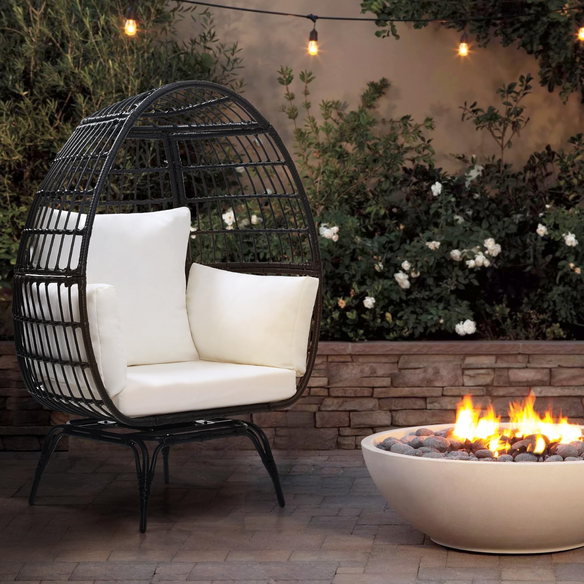 360° Swivel Rattan Egg Chair for Adults - Oversized Indoor/Outdoor Wicker Hanging Chair with Beige Cushions - Perfect for Patio, Garden, Living Room & Balcony Relaxation - Black Rattan Egg-Shaped Lounge Chair with Thick Comfortable Cushions