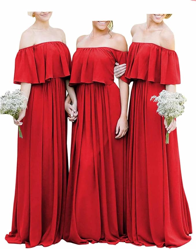 Elegant Long Off the Shoulder Burgundy Chiffon Boho Bridesmaid Dresses for Weddings & Special Occasions - Flowy & Comfortable